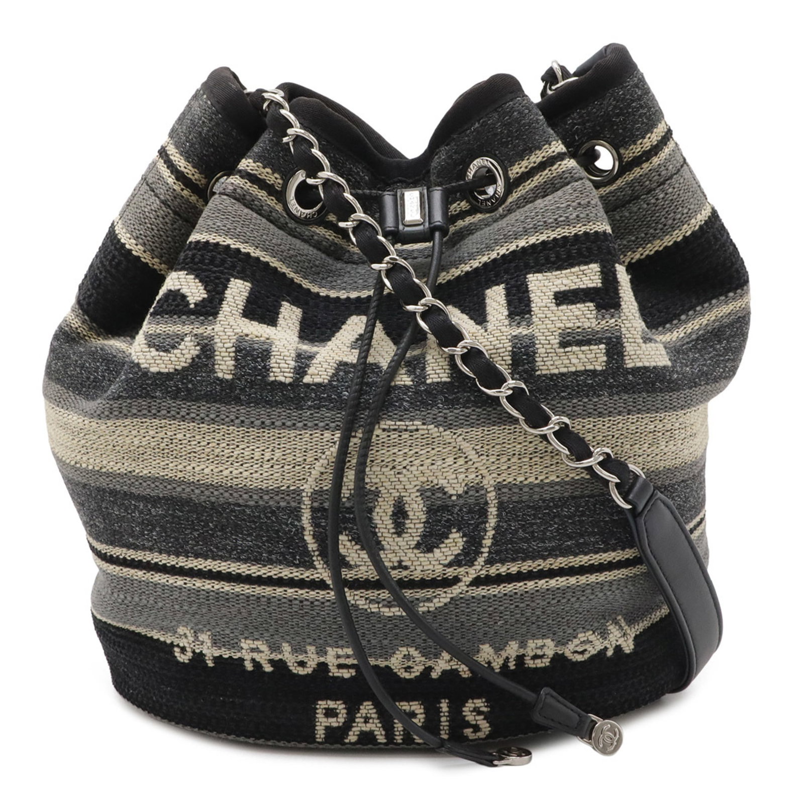 Shoulder Bag Canvas Leather Chanel: Shoulder Bag Canvas Leather Chanel Canvas and leather combine in this black shoulder bag with multi-color accents, measuring 25cm x 22cm x 16cm and weighing 550g. The bag features adjustable straps