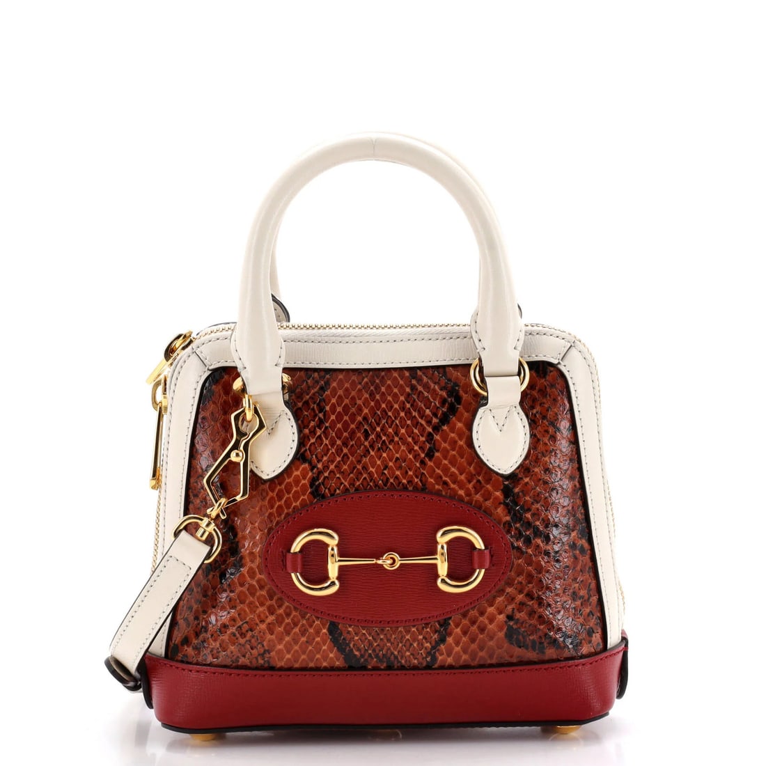 Gucci Horsebit Top Bag 1955 Mini Leather Python: Gucci Horsebit Top Bag 1955 Mini Leather Python The Gucci Horsebit Top Bag 1955 Mini Leather Python boasts a striking red exterior, adorned with the iconic Horsebit 1955 detail, and features a sleek m