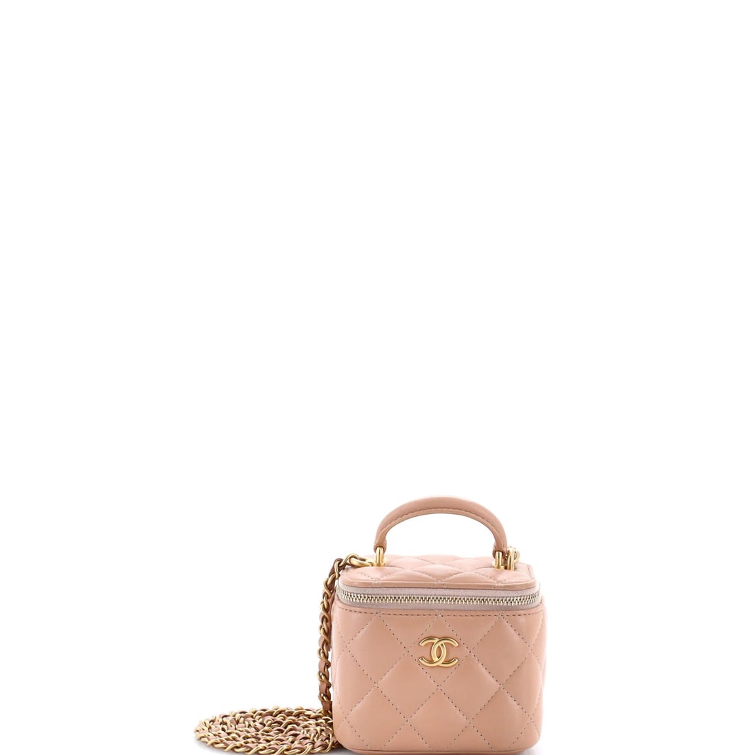 Chanel Classic Top Handle Vanity Case with Chain Quilted Lambskin Mini: Chanel Classic Top Handle Vanity Case with Chain Quilted Lambskin Mini Classic Chanel design with a timeless neutral exterior and chain quilted lambskin mini. This mini vanity case features a gold-ton