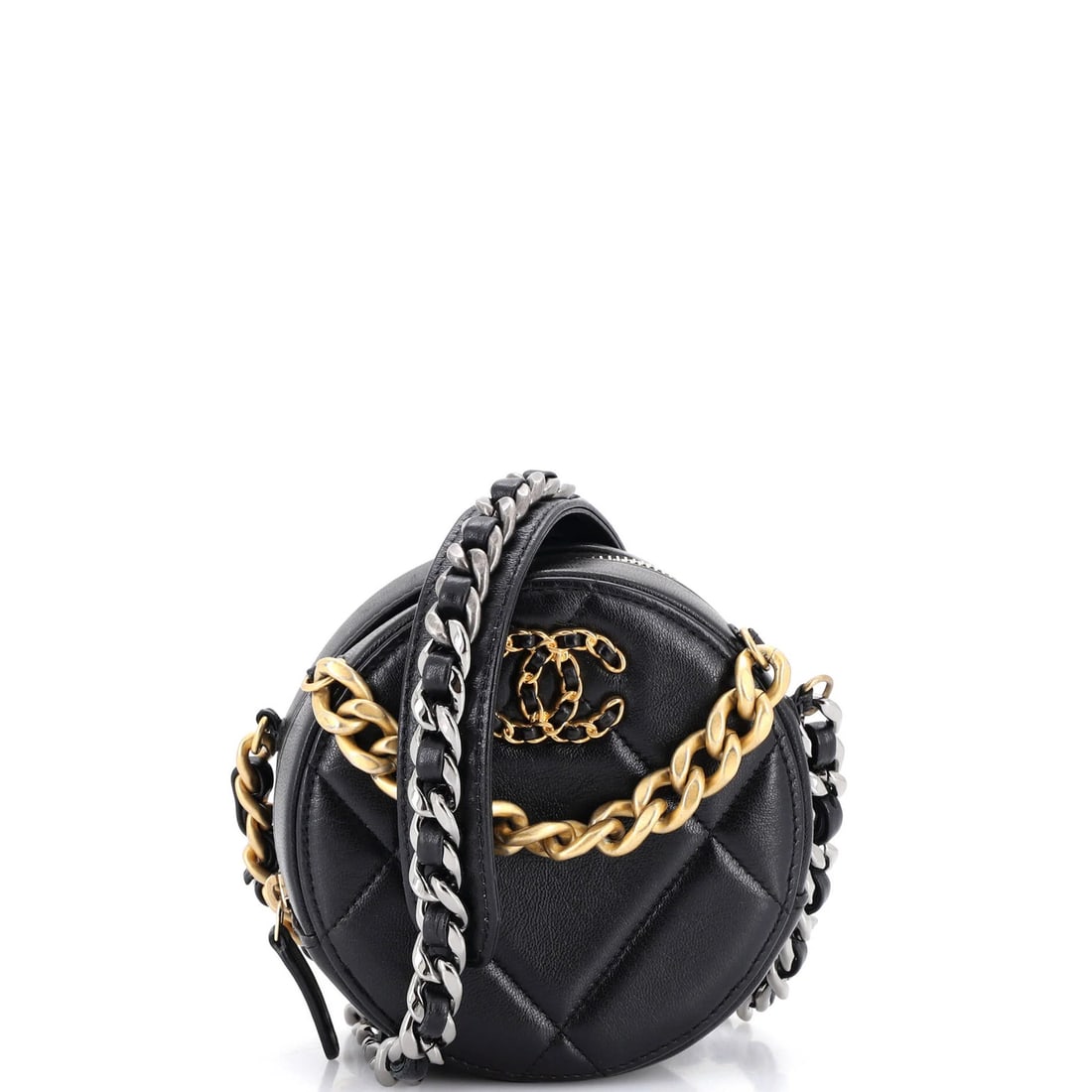 Round Clutch Quilted Leather with Chain 19 Chanel: Round Clutch Quilted Leather with Chain 19 Chanel This 19 Chanel round clutch features a sleek, quilted leather exterior in black, paired with a striking red interior. The chain strap adds a touch of