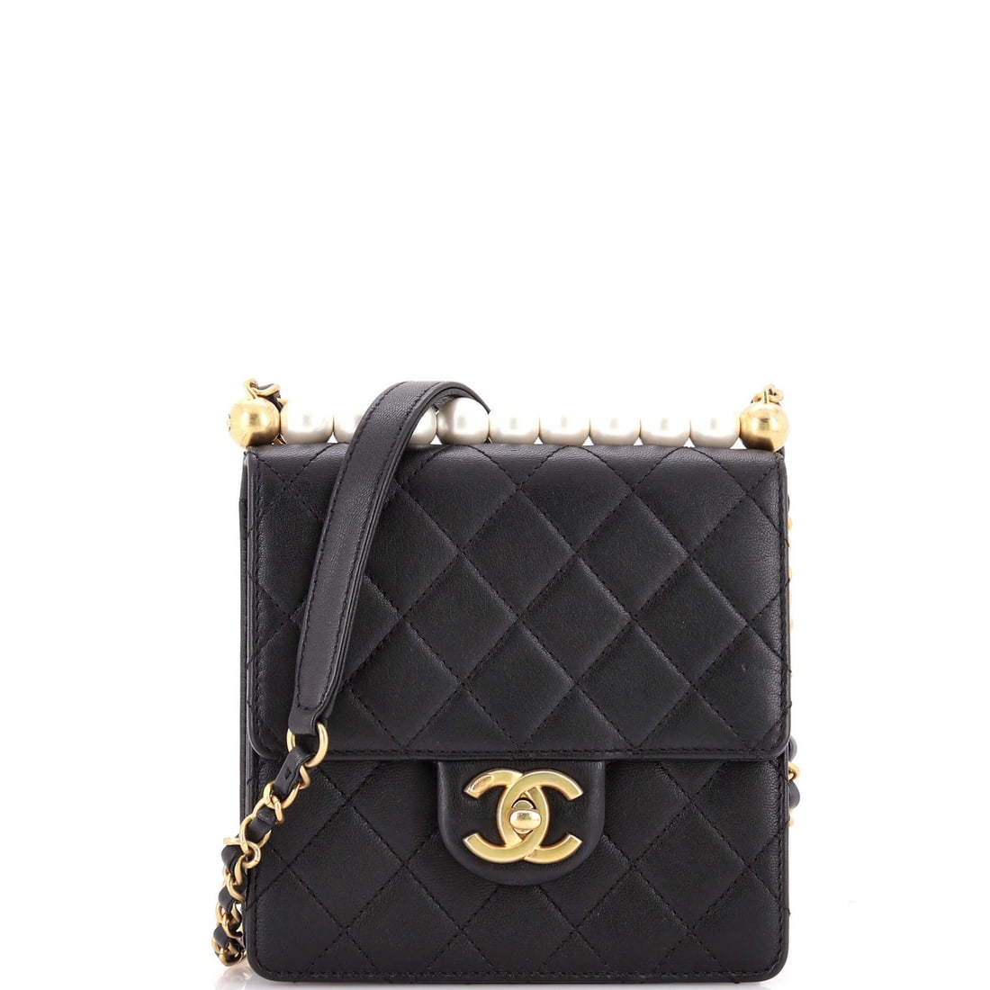 Chanel Chic Pearls Flap Bag Quilted Lambskin Mini: Chanel Chic Pearls Flap Bag Quilted Lambskin Mini Black quilted lambskin exterior, gold interior, and aged gold hardware define this mini cross body bag from Chanel's Chic Pearls Flap Bag collection. 