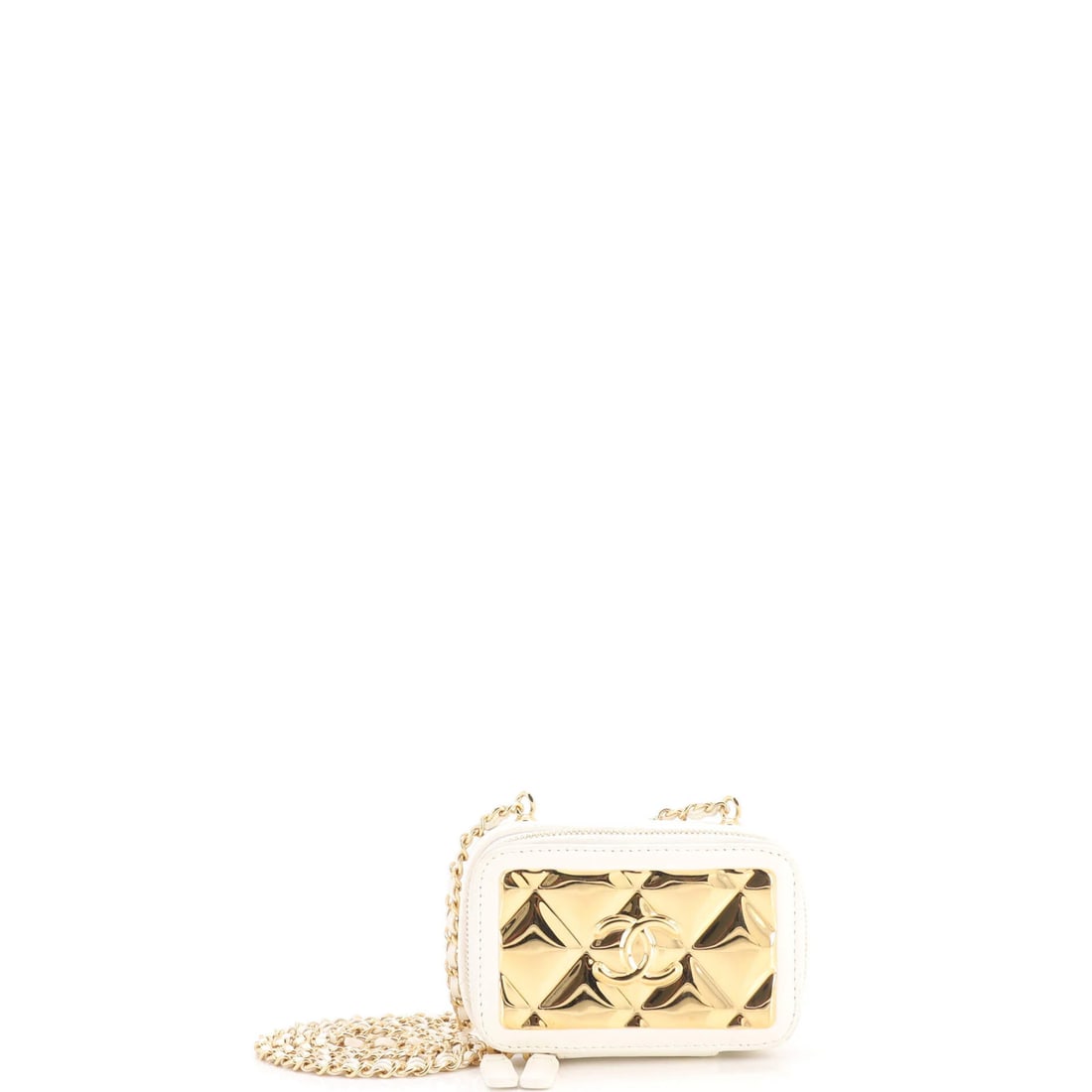 Zip Around Vanity Case Plate with Chain Quilted Lambskin Metal Golden Chanel: Zip Around Vanity Case Plate with Chain Quilted Lambskin Metal Golden Chanel Zip Around Vanity Case Plate with Chain Quilted Lambskin Metal Golden Chanel features a striking white exterior with metal