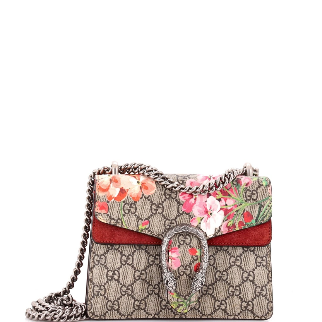 Dionysus Bag Blooms Gucci Coated Canvas Mini Print GG: Dionysus Bag Blooms Gucci Coated Canvas Mini Print GG The Dionysus Bag Blooms Gucci Coated Canvas Mini Print GG boasts a striking brown exterior with a canvas-coated finish, adorned with a beautiful D