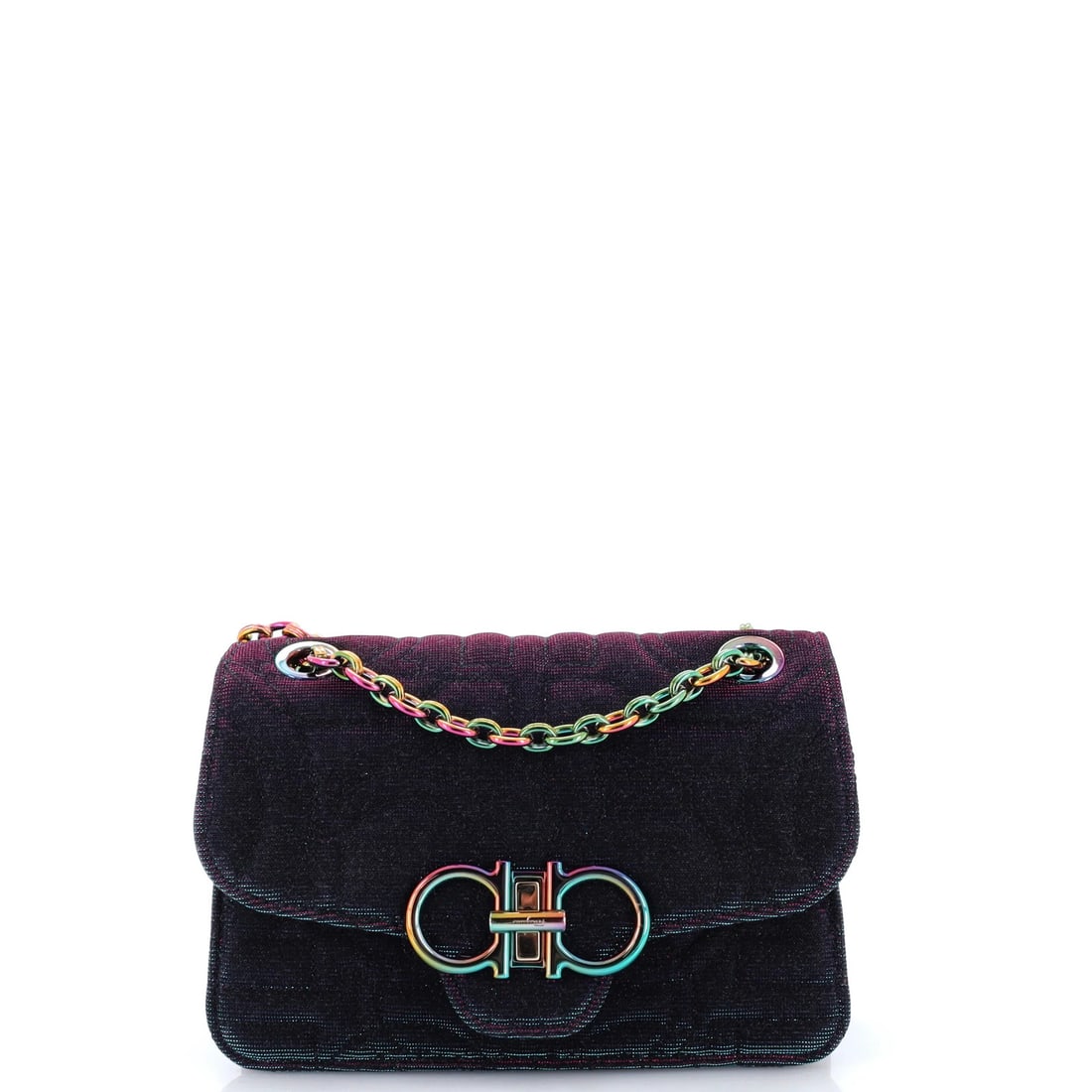 Small Gancini Quilted Leather Bag Turnlock Flap Salvatore Ferragamo: Small Gancini Quilted Leather Bag Turnlock Flap Salvatore Ferragamo Small Gancini Quilted Leather Bag Turnlock Flap Salvatore Ferragamo features a metallic, multicolor canvas exterior with a quilted