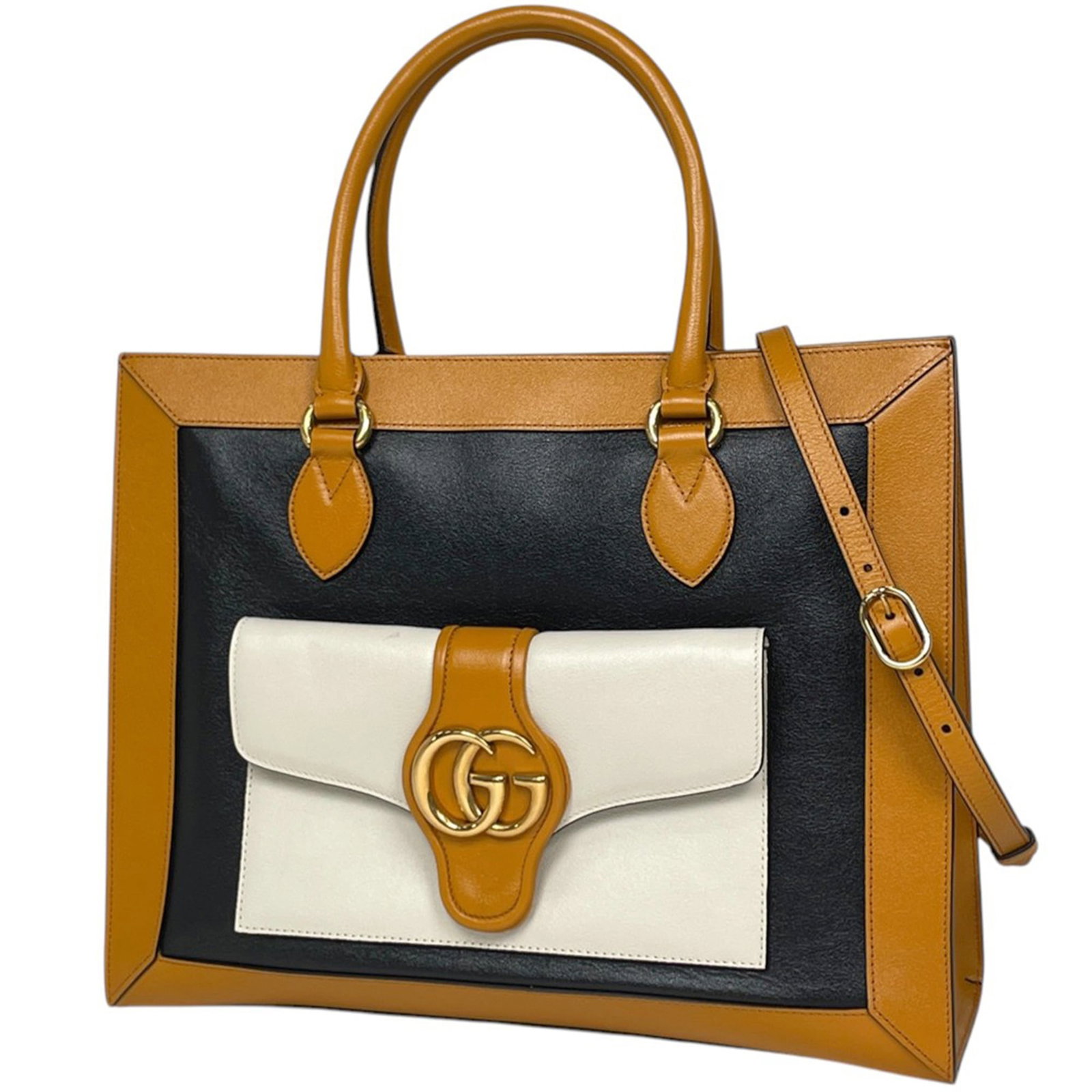 Gucci Tote Bag Leather: Gucci Tote Bag Leather Black, White, and Yellow Leather Tote Bag from Gucci's GG Marmont Line. This 30cm x 37cm x 11cm tote bag is made from high-quality leather, featuring a classic design with a tim
