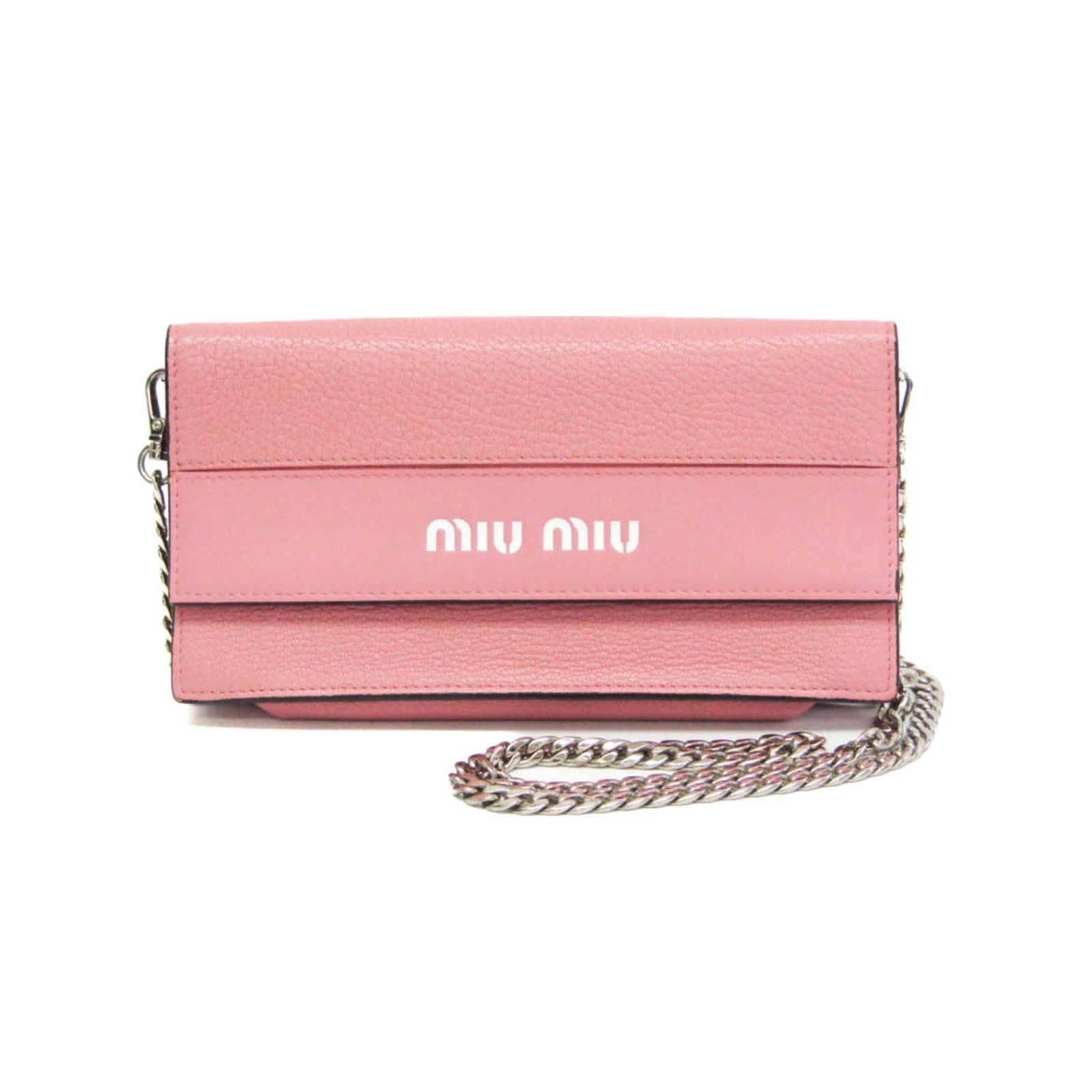 Miu Chain Shoulder Wallet Pochette Women'S Leather Pouchshoulder Bag Pink: Miu Chain Shoulder Wallet Pochette Women'S Leather Pouchshoulder Bag Pink Pink leather pochette with chain shoulder strap, measuring 10cm x 19cm x 3.5cm, weighing 300g. This Miu Miu wallet pouch