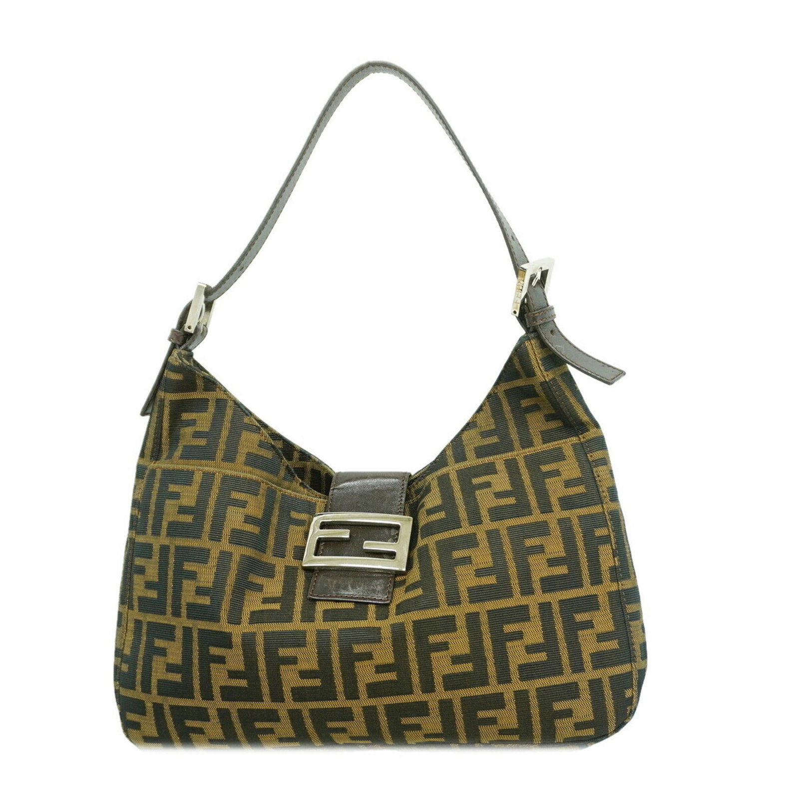 Nylon Canvas Fendi Bag Shoulder: Nylon Canvas Fendi Bag Shoulder Nylon canvas Fendi bag with a classic shoulder design, featuring a timeless brown color and silver hardware for a sleek, sophisticated look. The bag's compact size and