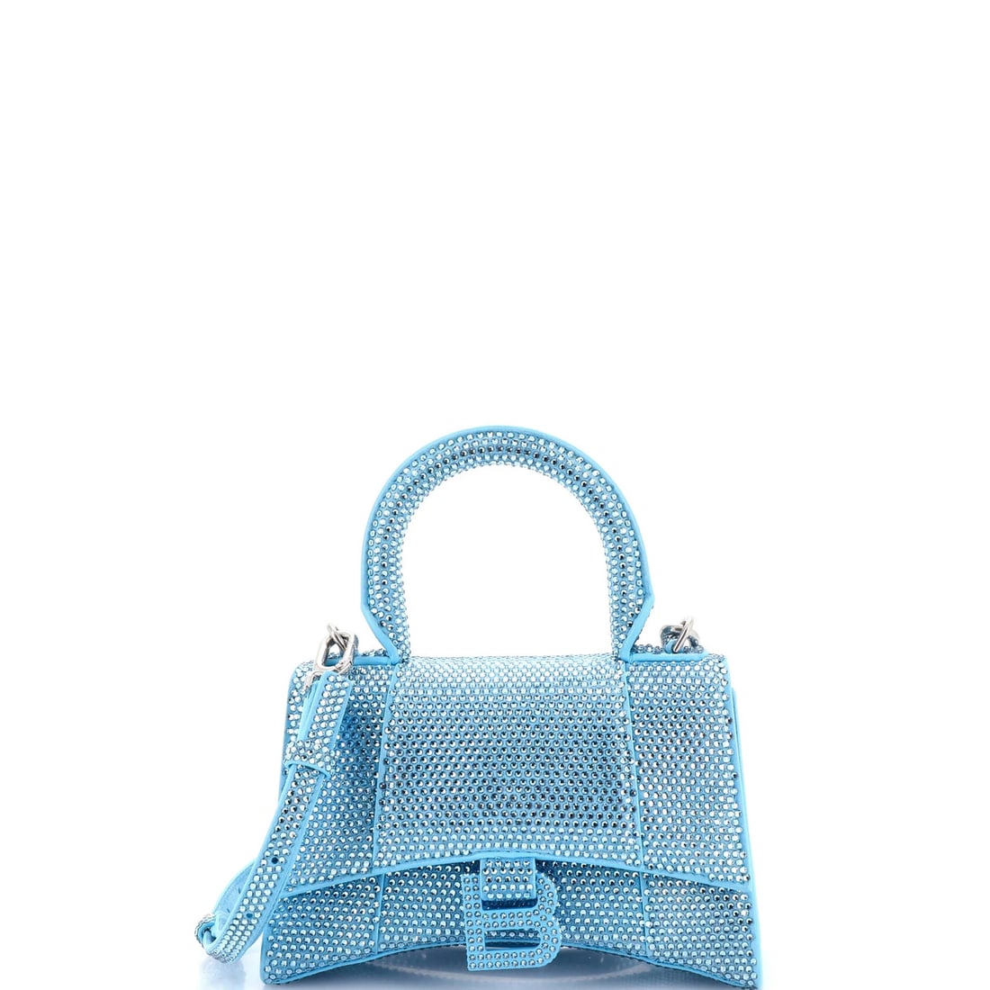 Balenciaga Hourglass Top Handle Bag Suede with Crystals XS: Balenciaga Hourglass Top Handle Bag Suede with Crystals XS Crystal-embellished suede exterior adds a touch of luxury to this sleek blue cross body bag. The bag's hourglass top handle design provides