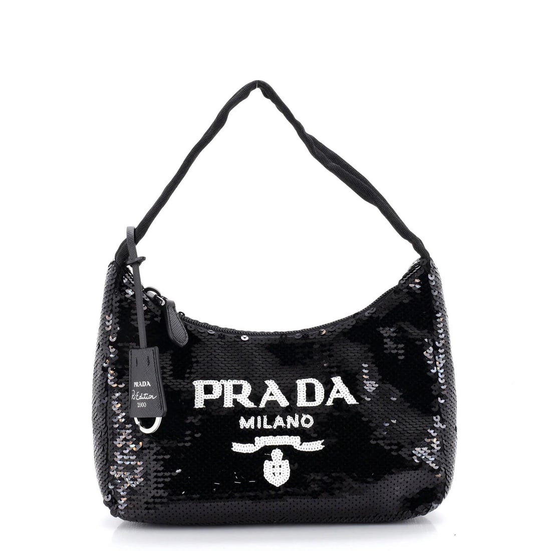 Mini Sequins Hobo Re Edition Prada 2000: Mini Sequins Hobo Re Edition Prada 2000 Mini Sequins Hobo Re Edition Prada 2000 in Black Sequins, featuring a sequin exterior and silver hardware, measures 6.5" drop, 6" height, 9" width, and 2"