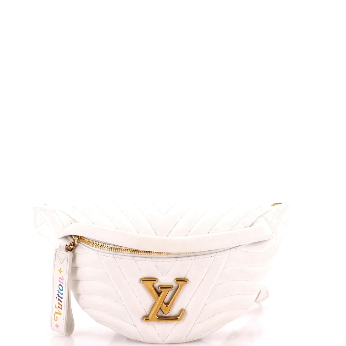 New Wave Bumbag Quilted Leather Louis Vuitton: New Wave Bumbag Quilted Leather Louis Vuitton White quilted leather Louis Vuitton bumbag with gold hardware, featuring a unique New Wave design. The exterior shows signs of wear, including scuffs,