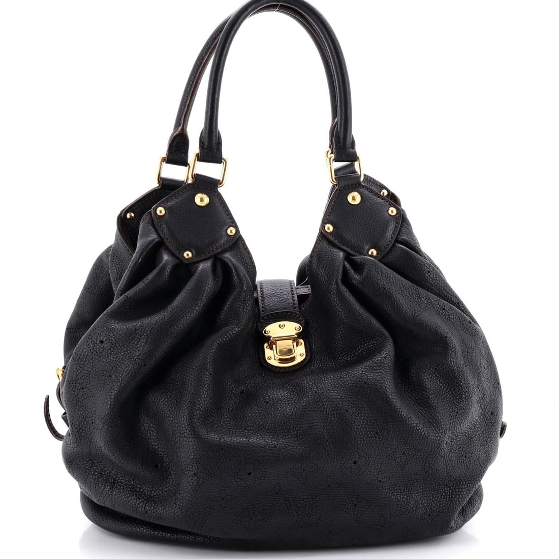 L Hobo Leather Vuitton Louis Mahina: L Hobo Leather Vuitton Louis Mahina Black L Hobo Leather Vuitton Louis Mahina. This Louis Vuitton L Hobo Mahina features a black leather exterior with gold hardware and a brown microfiber interior.