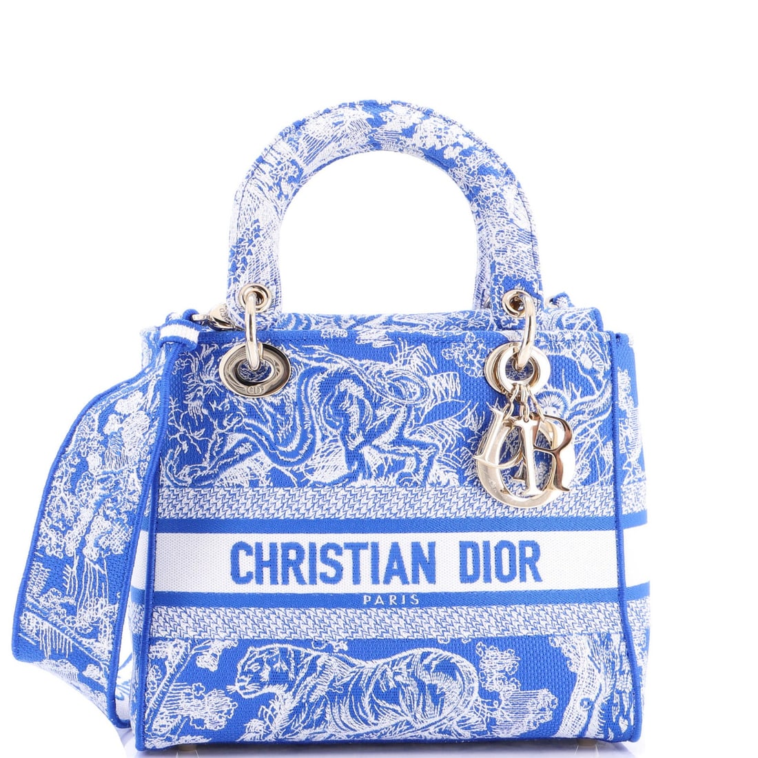 Lady Dior Toile de Jouy Christian D-Lite Embroidered Canvas Bag: Lady Dior Toile de Jouy Christian D-Lite Embroidered Canvas Bag Blue Toile de Jouy Lady Dior Embroidered Canvas Bag with Gold Hardware. This canvas tote features a striking blue exterior with