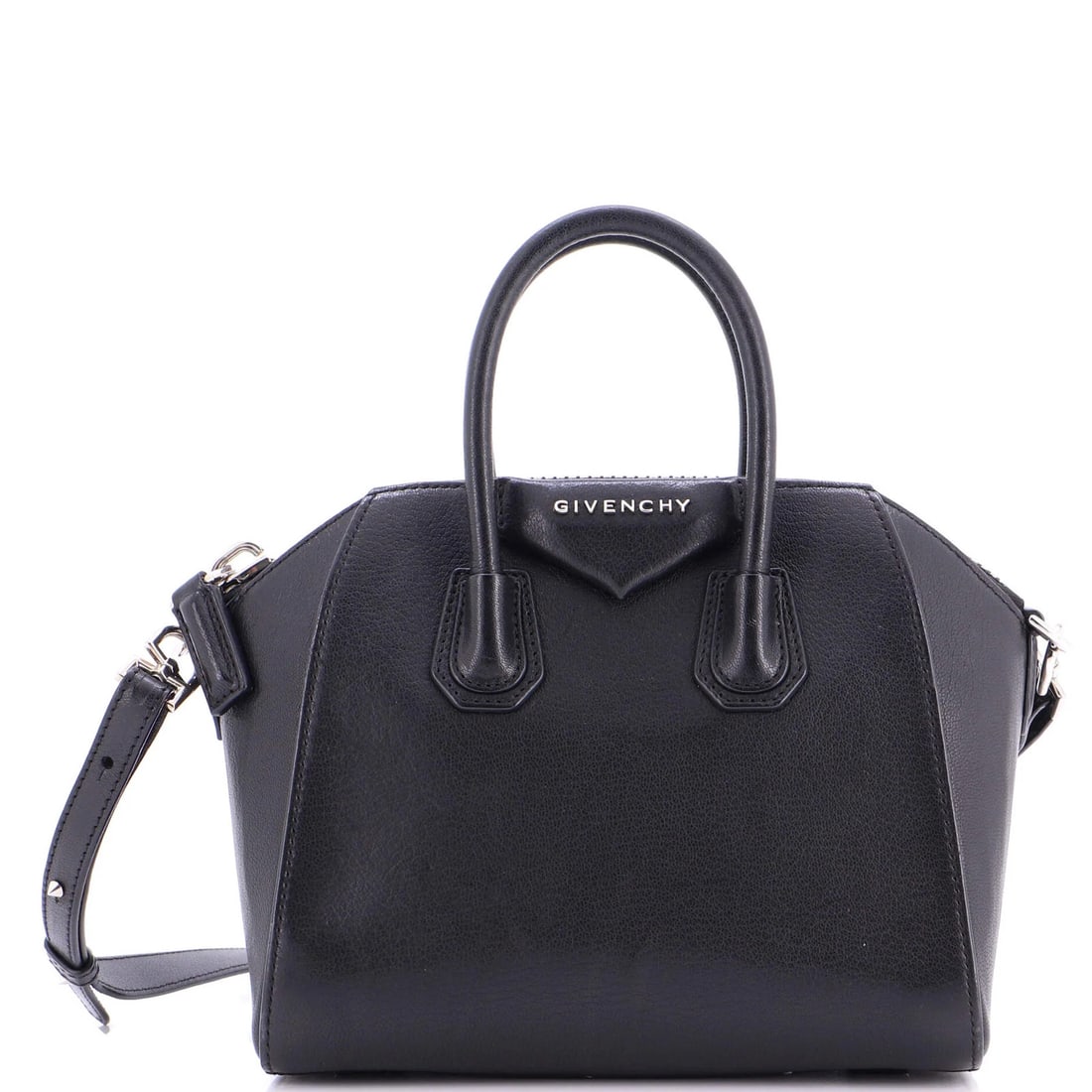 Leather Mini Bag Antigona Givenchy: Leather Mini Bag Antigona Givenchy Black Leather Mini Antigona Cross Body Bag from Givenchy, featuring a classic design with a 7.5" height and 10" width. The bag's exterior shows edge wear and scuffs,