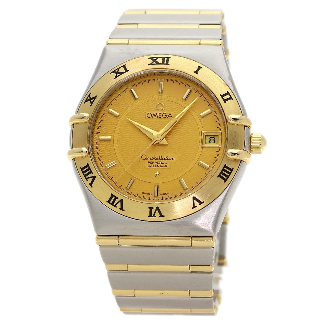 Constellation Watches Perpetual Calendar 1252.10 Stainless: Constellation Watches Perpetual Calendar 1252.10 Stainless Stainless steel case with a gold bezel and dial adds a touch of luxury to this Omega Constellation Perpetual Calendar watch. The 36mm case