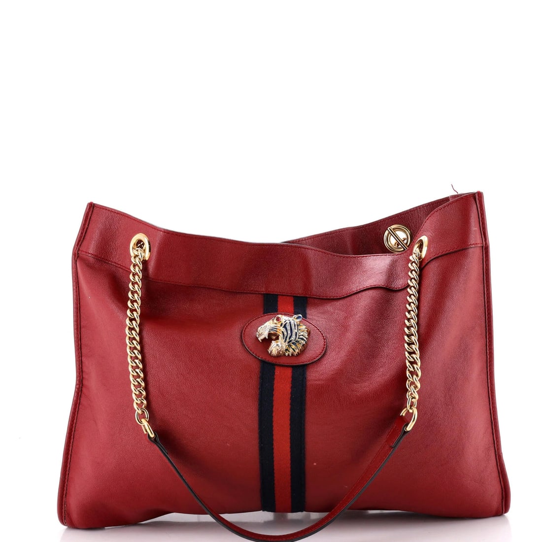 Chain Tote Leather Large Gucci Rajah: Chain Tote Leather Large Gucci Rajah Burgundy Gucci Rajah Chain Tote Leather Large features a classic design with chain-link details and gold hardware. The exterior leather has some flaws, including