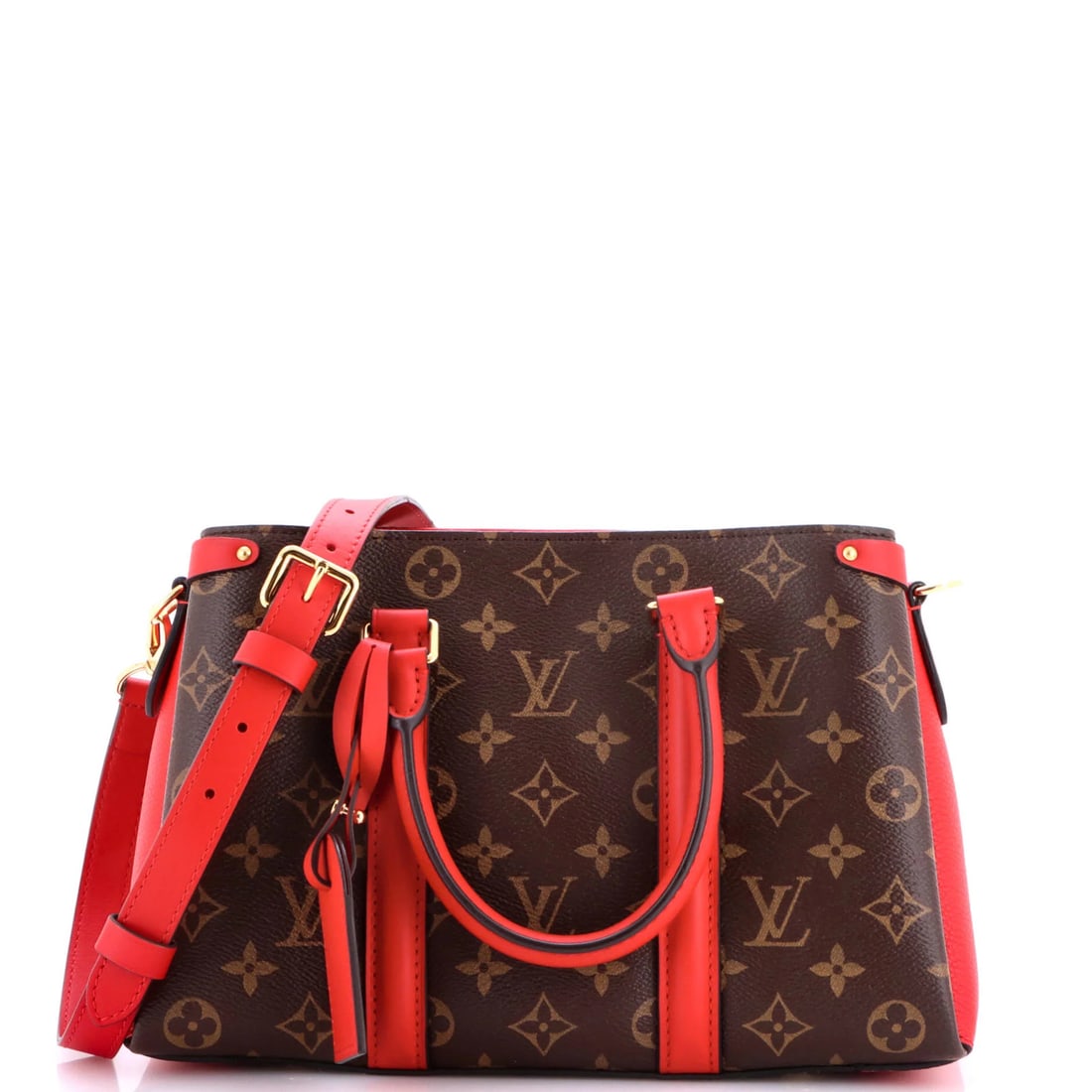Monogram Canvas with Leather BB Tote Soufflot Louis Vuitton: Monogram Canvas with Leather BB Tote Soufflot Louis Vuitton Red Soufflot Tote with Monogram Canvas and Leather BB, featuring a classic top handle design and gold hardware. The exterior canvas is