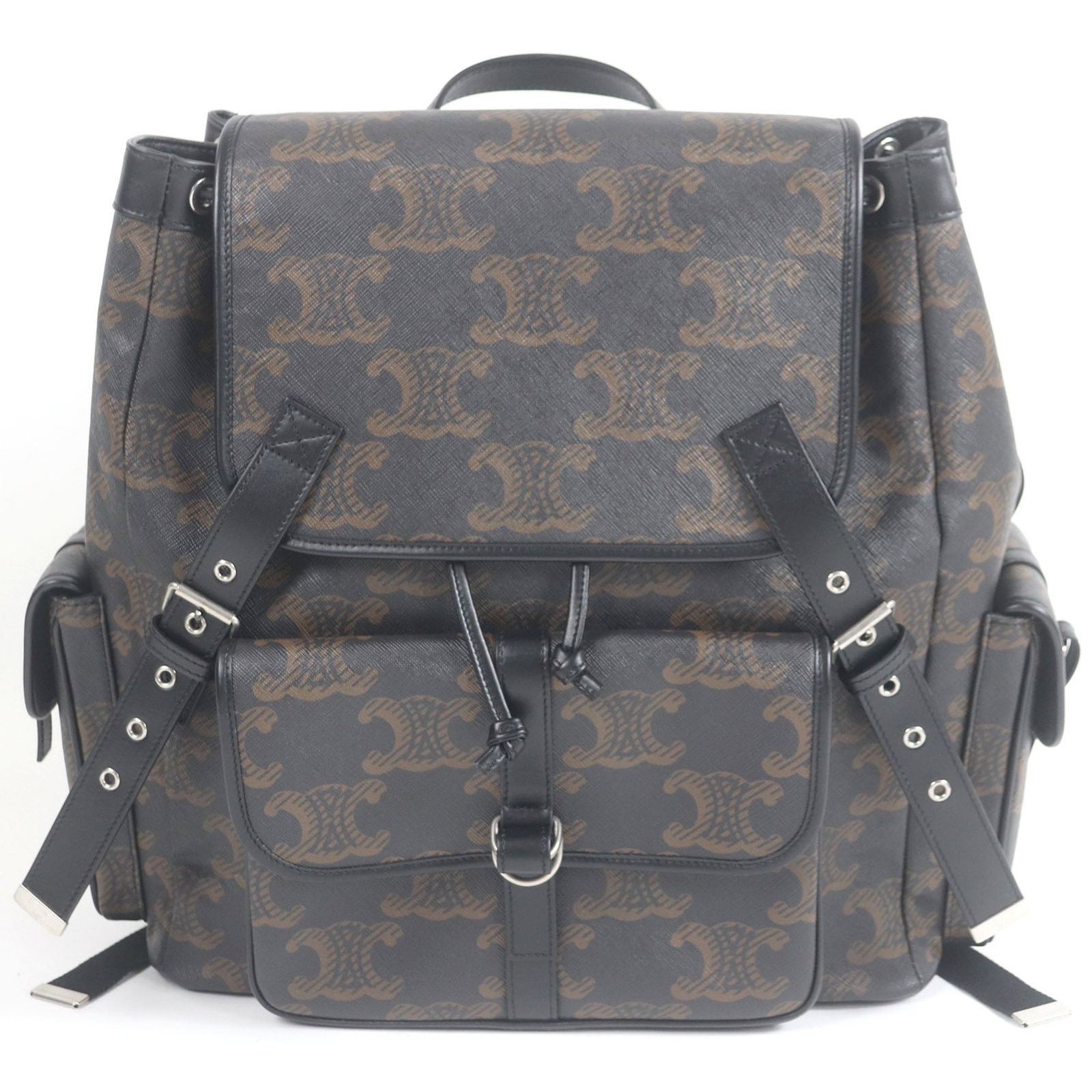 Coated Canvas Backpack Celine: Coated Canvas Backpack Celine Coated canvas backpack with clean lines and a sleek design, available in black and brown. Measuring 42cm x 39cm x 9cm, this backpack features a durable coated canvas