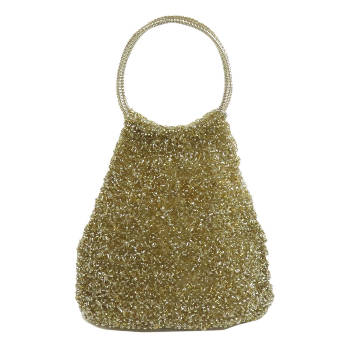 Handbag Pvc Beads Anteprima Wire Bag: Handbag Pvc Beads Anteprima Wire Bag Gold PVC Beaded Handbag with Intricate Design. This ANTEPRIMA handbag features a gold exterior with a unique wire bag design and beaded accents. The PVC material