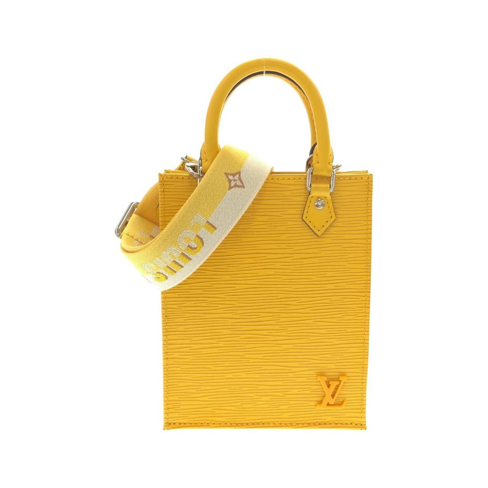 Handbag Leather Louis Vuitton: Handbag Leather Louis Vuitton Silver and Yellow Louis Vuitton Calf Leather Handbag with Silver Hardware. This stylish handbag features high-quality calf leather and sleek silver hardware, measuring
