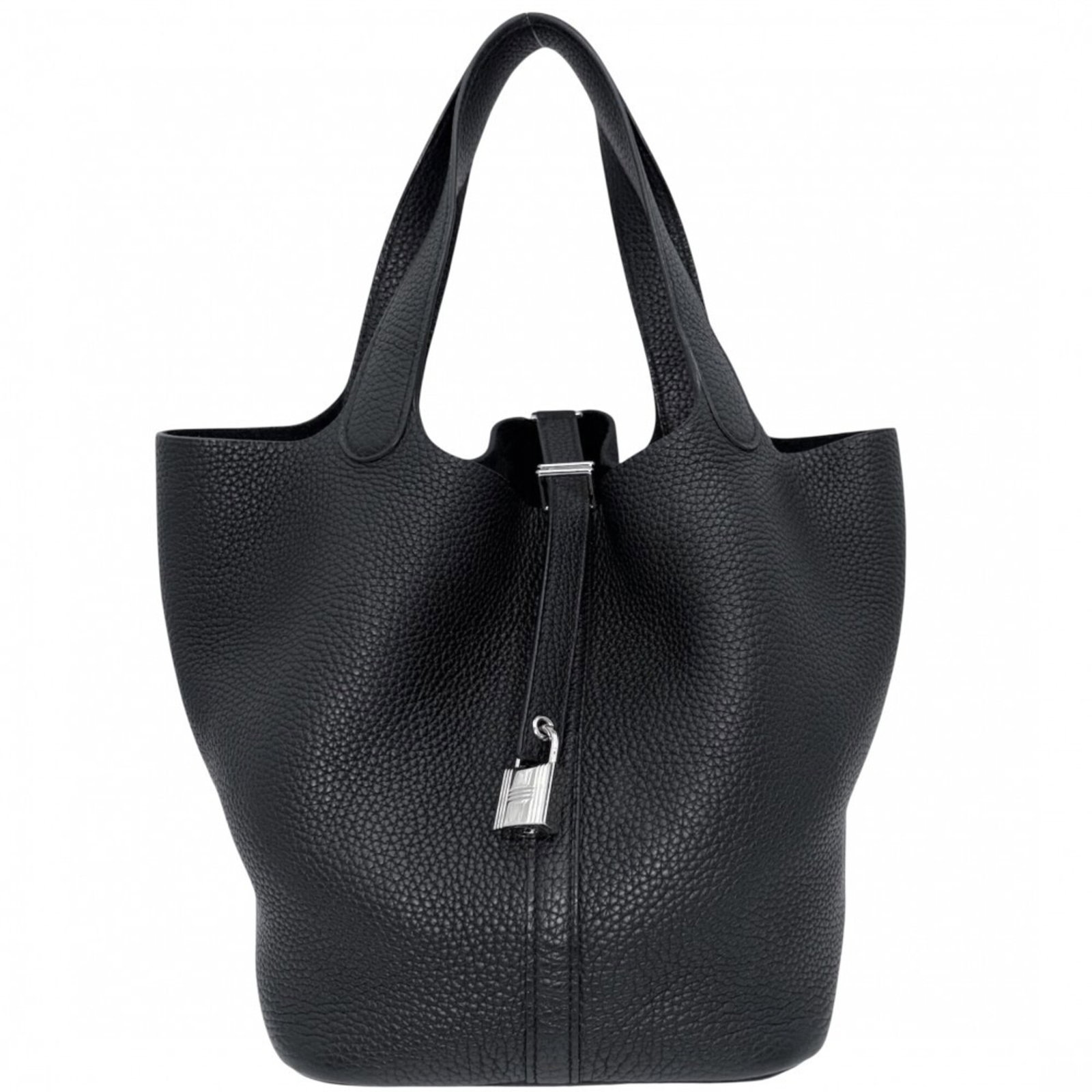 Handbag Leather Hermes: Handbag Leather Hermes Black leather handbag from Hermes, measuring 22cm x 18cm x 23cm. The bag's sleek design and high-quality leather make it a stylish accessory. Its compact size and classic style 