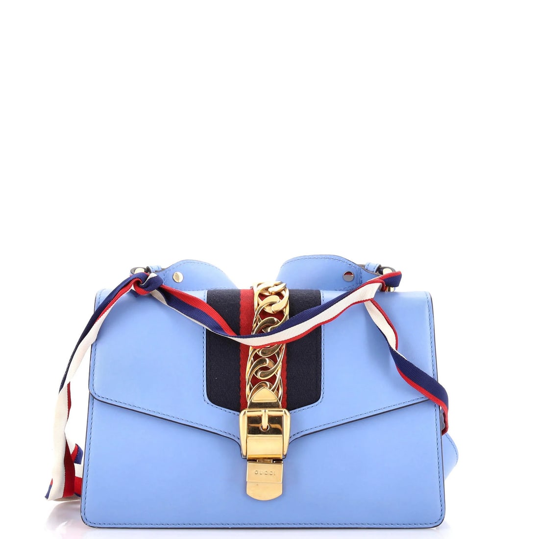 Small Leather Bag Sylvie Gucci: Small Leather Bag Sylvie Gucci Small Leather Bag Sylvie Gucci in Blue, featuring a classic shoulder design with a gold-tone buckle and adjustable strap, measures 13" drop, 7" height, and 10" width.