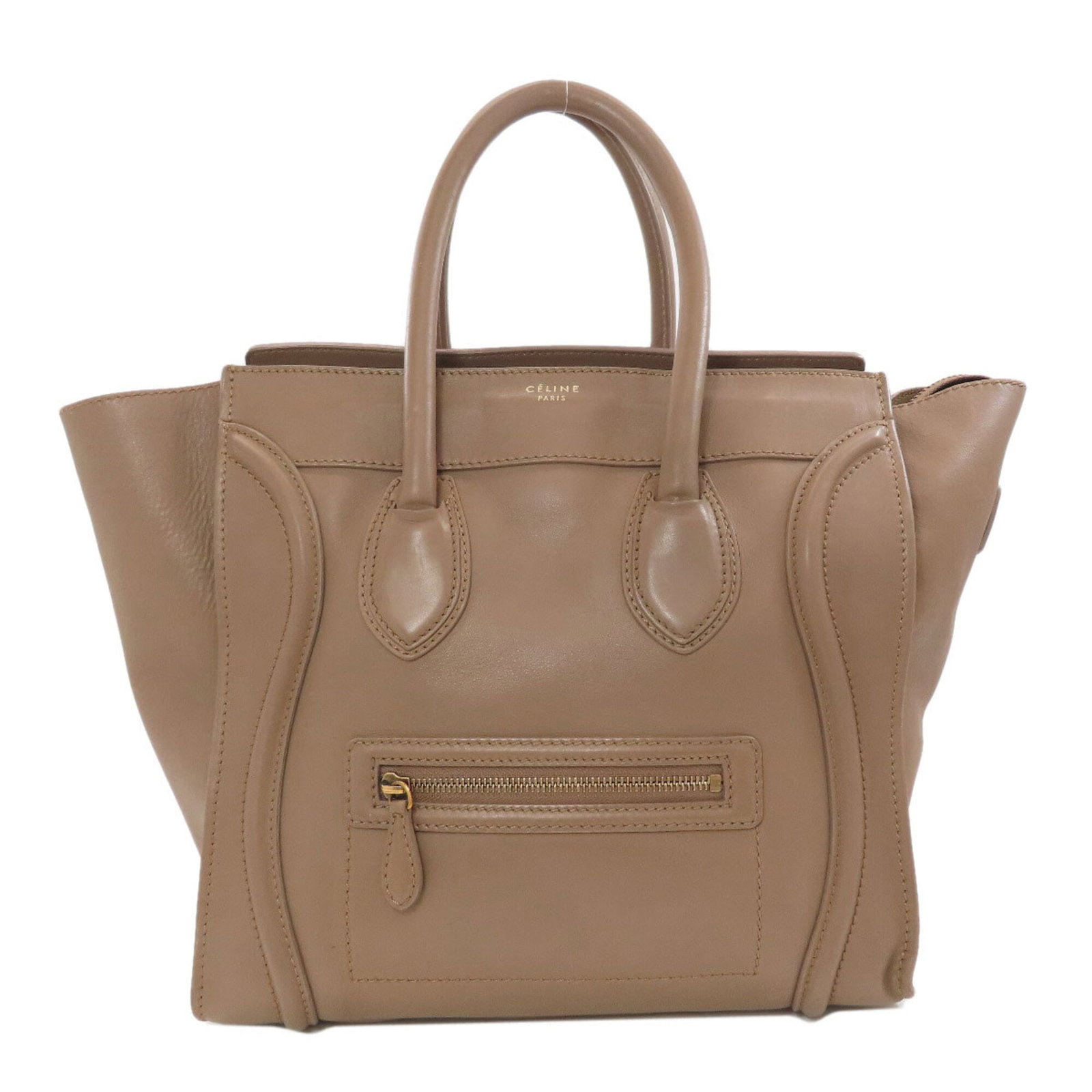 Celine Handbag Leather: Celine Handbag Leather Calfskin leather handbag from the Celine brand, featuring a brown color and a zipper closure. The bag measures 28cm x 50cm x 17cm and has a handle length of 31cm. Made from