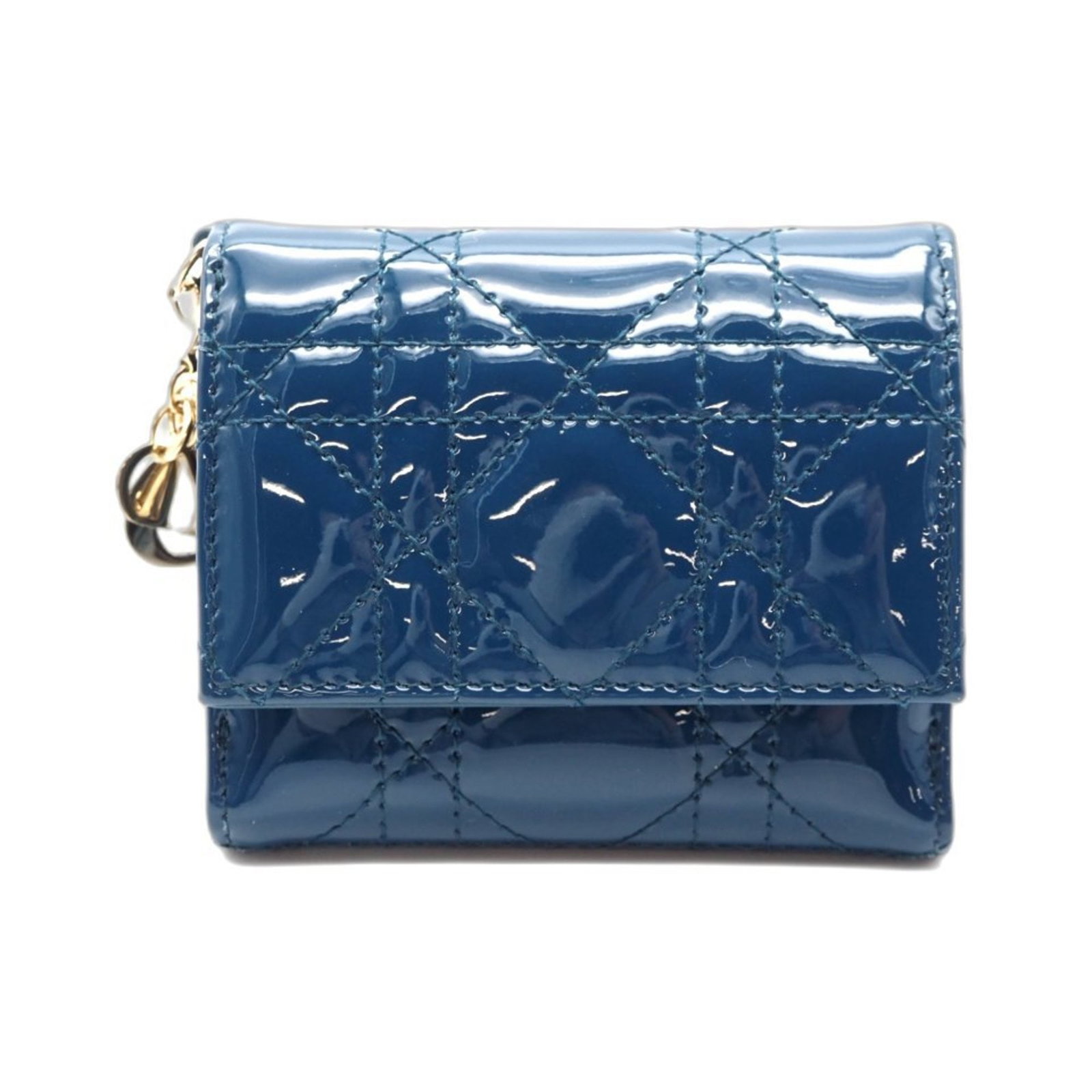 Christian Dior Wallet (Tri-Fold) Patent Leather: Christian Dior Wallet (Tri-Fold) Patent Leather Tri-fold wallet in patent leather from Christian Dior's Lady Dior line, featuring a striking blue hue. The wallet measures 8.5cm x 11cm x 2.5cm, making