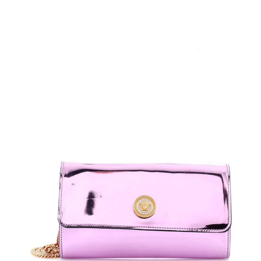 Patent Clutch Chain La Versace Medusa: Patent Clutch Chain La Versace Medusa Patent Clutch Chain La Versace Medusa boasts a striking purple patent leather exterior, adorned with intricate details that evoke the iconic Medusa design. This