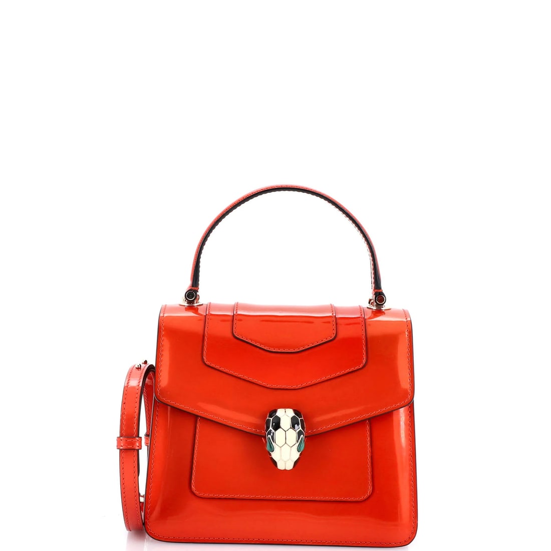 Serpenti Patent Small Bvlgari Top Handle Bag: Serpenti Patent Small Bvlgari Top Handle Bag The Bvlgari Serpenti Patent Small Top Handle Bag is a vibrant orange patent leather design with a striking gold tone hardware. This small bag features a