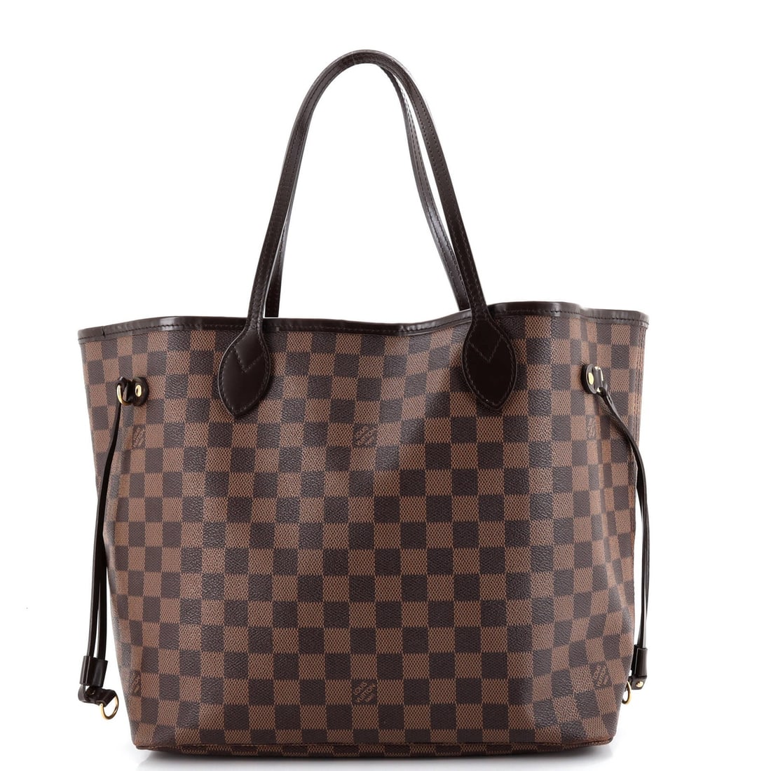 Louis Vuitton Neverfull Damier MM: Louis Vuitton Neverfull Damier MM Brown Louis Vuitton Neverfull Damier MM Tote with Gold Hardware, featuring a classic canvas-coated exterior and a spacious interior with a red lining. The exterior
