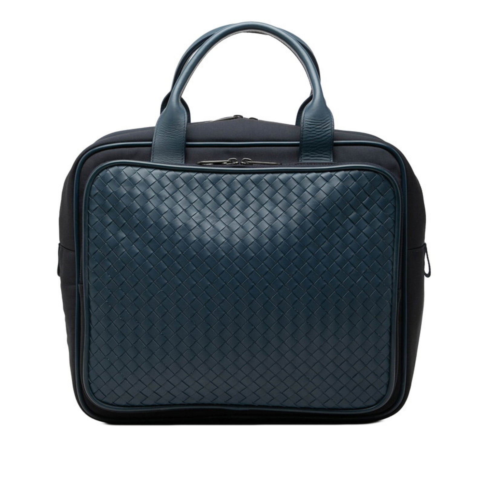 Canvas Leather Handbag Bottega Veneta: Canvas Leather Handbag Bottega Veneta Canvas Leather Handbag Bottega Veneta is a navy blue, canvas and leather handbag with a size of 31cm x 34.5cm x 12.5cm. This Bottega Veneta handbag features a