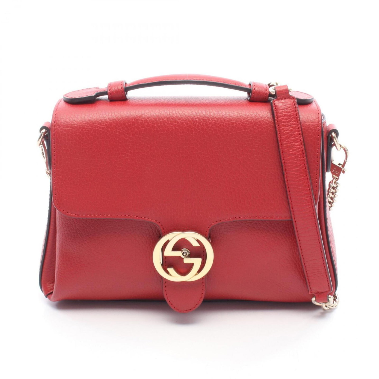 Handbag Leather Gucci: Handbag Leather Gucci Red leather Gucci handbag with dimensions 18cm x 26cm x 9cm. This handbag features a bold red color and a classic design. The item bears a signature, a notable detail of its