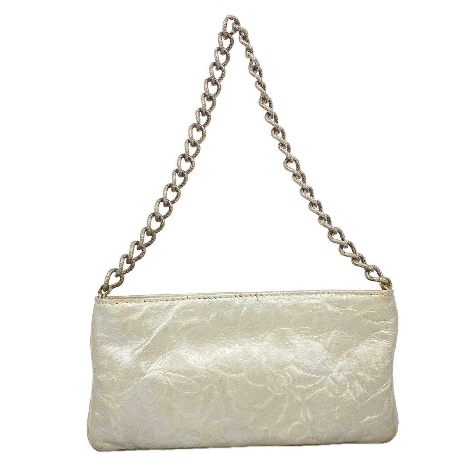 Leather Pouch by Chanel: Leather Pouch by Chanel This silver leather pouch by Chanel features a sleek design with a compact size, measuring 9.5cm x 19cm x 1cm. The pouch's silver hardware adds a touch of sophistication,