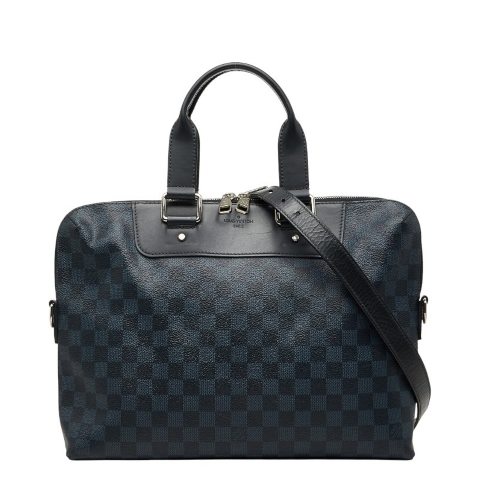 Handbag Leather Pvc Louis Vuitton Shoulder: Handbag Leather Pvc Louis Vuitton Shoulder This Louis Vuitton shoulder bag features a unique combination of PVC and leather materials, with a sleek black and navy color scheme. Measuring 27.5cm x