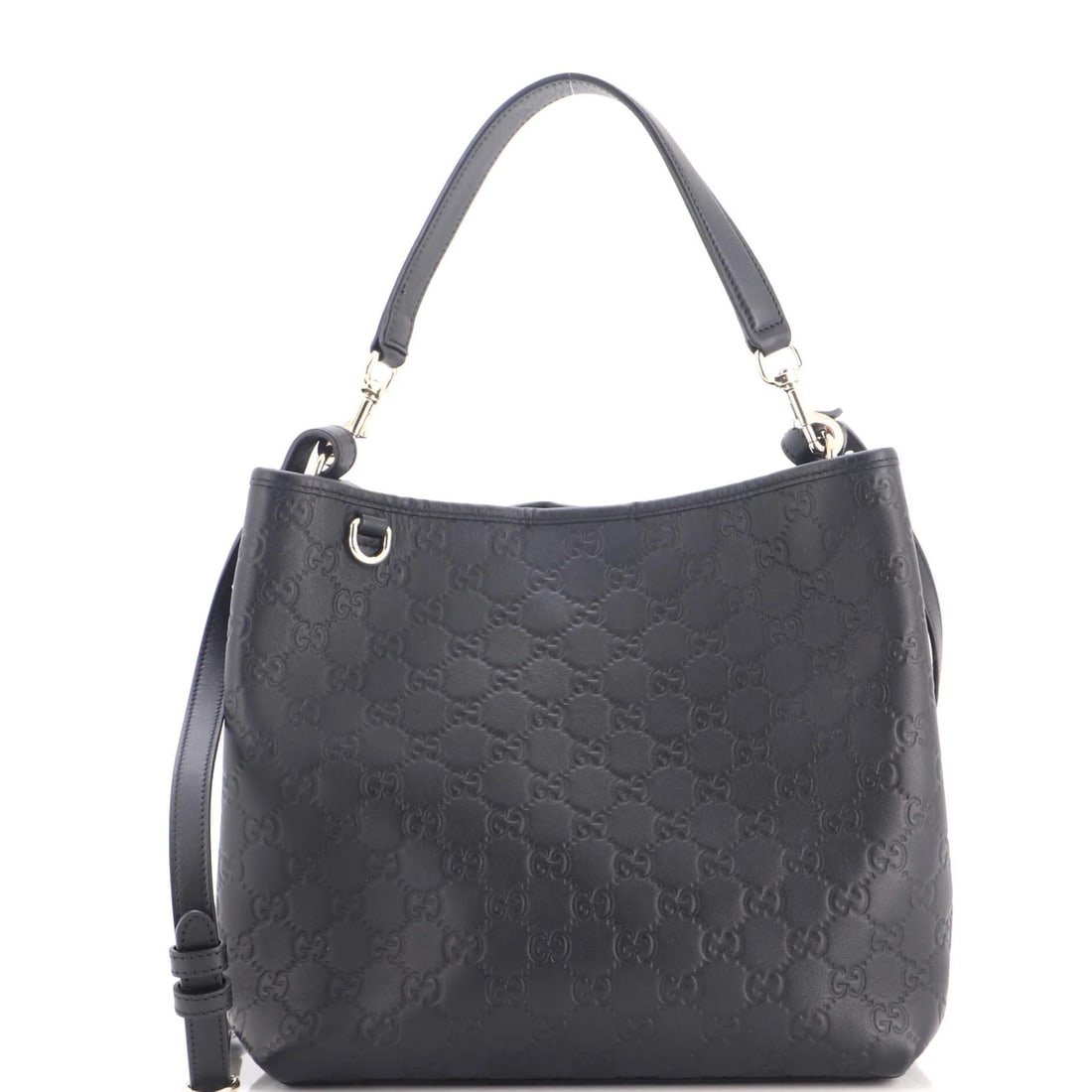 Gucci GG Emblem Bucket Bag GG Embossed Leather Medium: Gucci GG Emblem Bucket Bag GG Embossed Leather Medium Black GG Embossed Leather Medium Gucci Bucket Bag with Extra Strap. This medium-sized bucket bag features the iconic Gucci GG emblem embossed