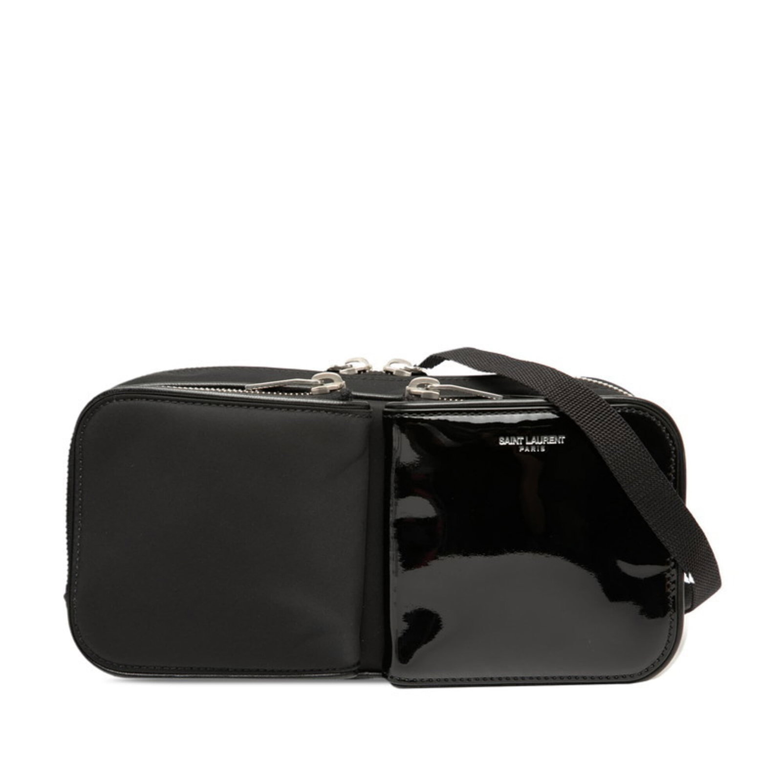 Patent Leather Nylon Shoulder Saint Laurent Bag: Patent Leather Nylon Shoulder Saint Laurent Bag Patent leather and nylon come together in this sleek Saint Laurent shoulder bag, measuring 11cm x 23cm x 5.5cm. The patent leather details add a touch