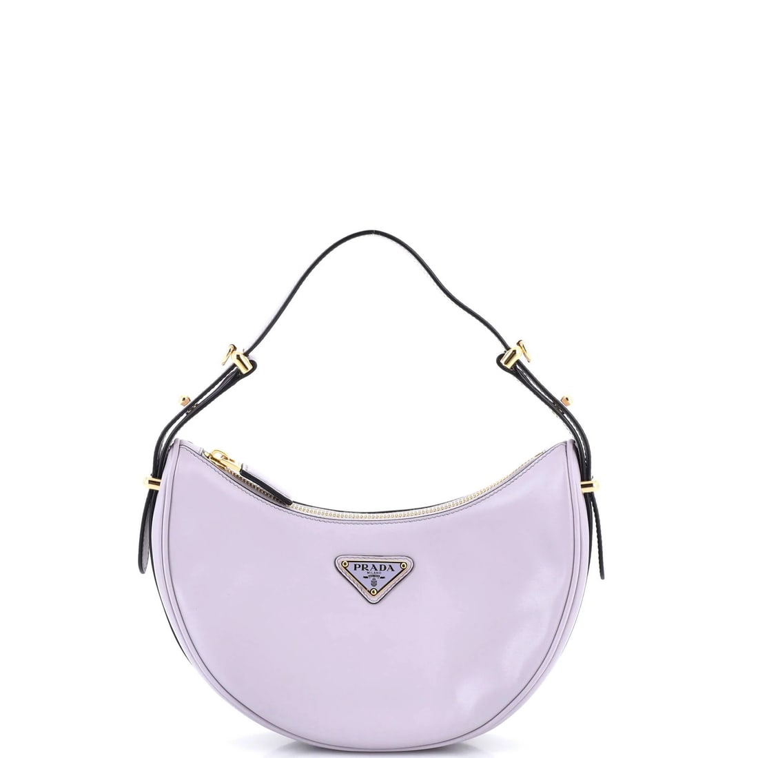 Half Moon Hobo Leather Small Prada Arque: Half Moon Hobo Leather Small Prada Arque Small Purple Prada Arque Half Moon Hobo Leather Bag. This Prada Arque bag features a rich purple leather exterior with a half moon shape and gold hardware,