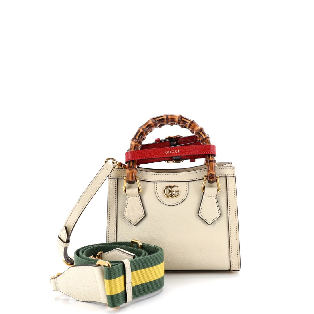 Gucci Leather Mini Bamboo Handle Tote Diana NM: Gucci Leather Mini Bamboo Handle Tote Diana NM This Gucci Leather Mini Bamboo Handle Tote features a chic white exterior and a neutral interior, with a signature bamboo handle and aged gold hardware. 