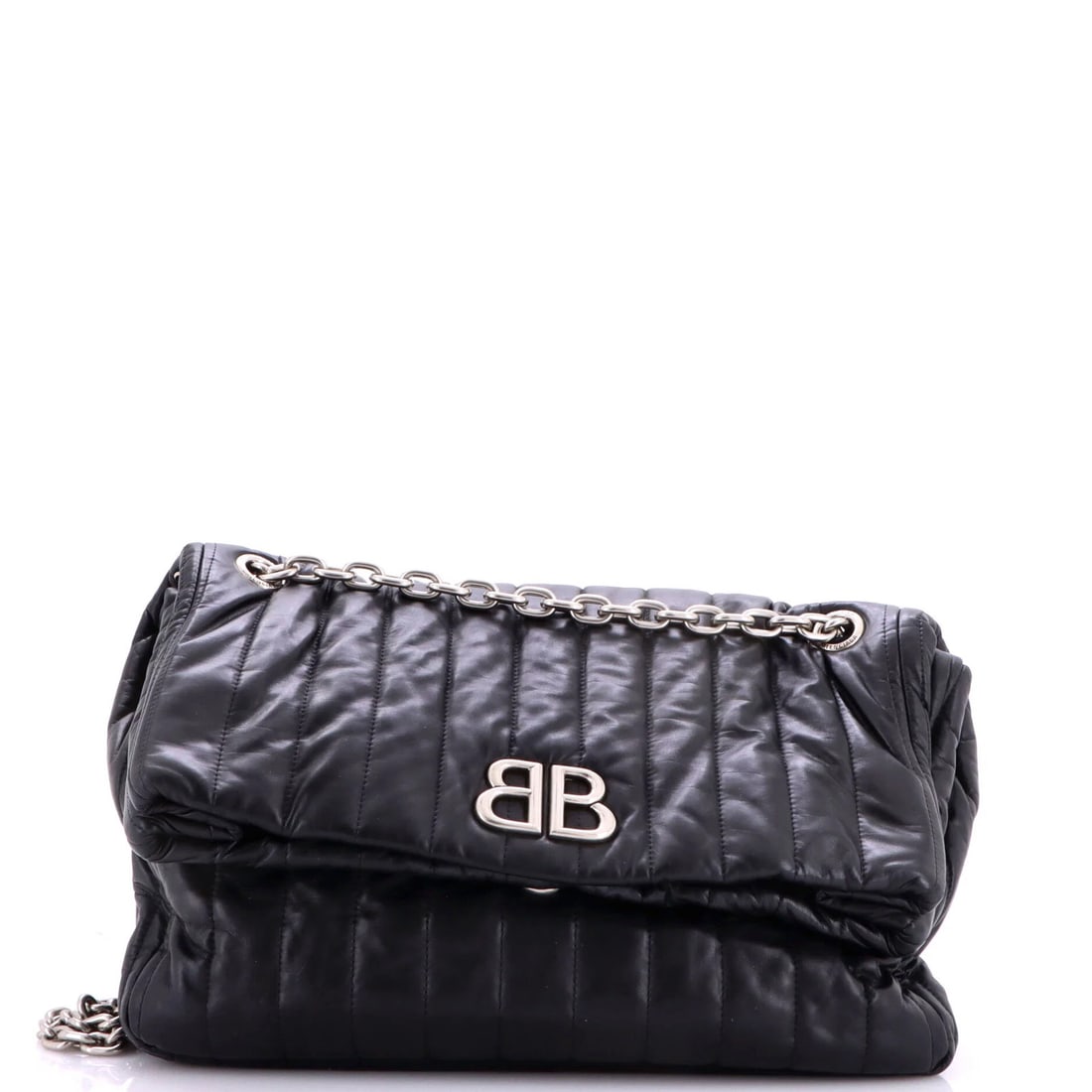 Balenciaga Monaco Chain Flap Shoulder Bag Quilted Leather Medium: Balenciaga Monaco Chain Flap Shoulder Bag Quilted Leather Medium Black quilted leather medium Balenciaga Monaco Chain Flap Shoulder Bag with silver hardware, featuring a chain flap closure and a