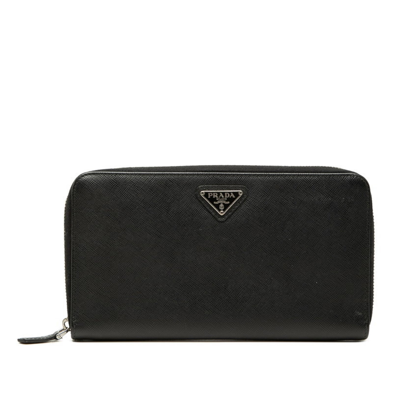Prada Long Wallet (Bi-Fold) Leather: Prada Long Wallet (Bi-Fold) Leather Prada's Saffiano leather bi-fold wallet boasts a sleek, black design with a sturdy zipper closure, measuring 12cm x 21cm x 2.3cm. Its compact size and durable