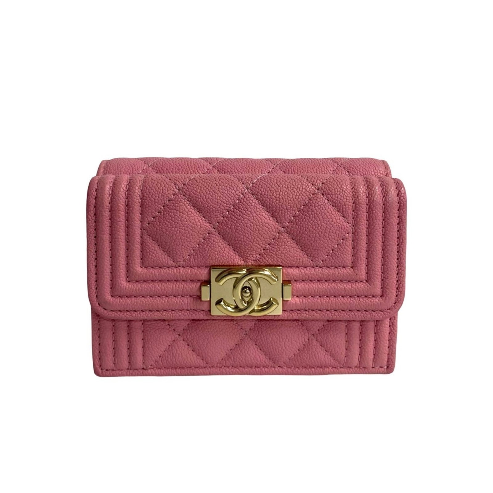 Chanel Wallet (Tri-Fold) Grained Calfskin: Chanel Wallet (Tri-Fold) Grained Calfskin Tri-fold wallet in pink grained calfskin, complete with box, dust bag, guarantee card, and manual. A classic Chanel design that exudes timeless elegance.