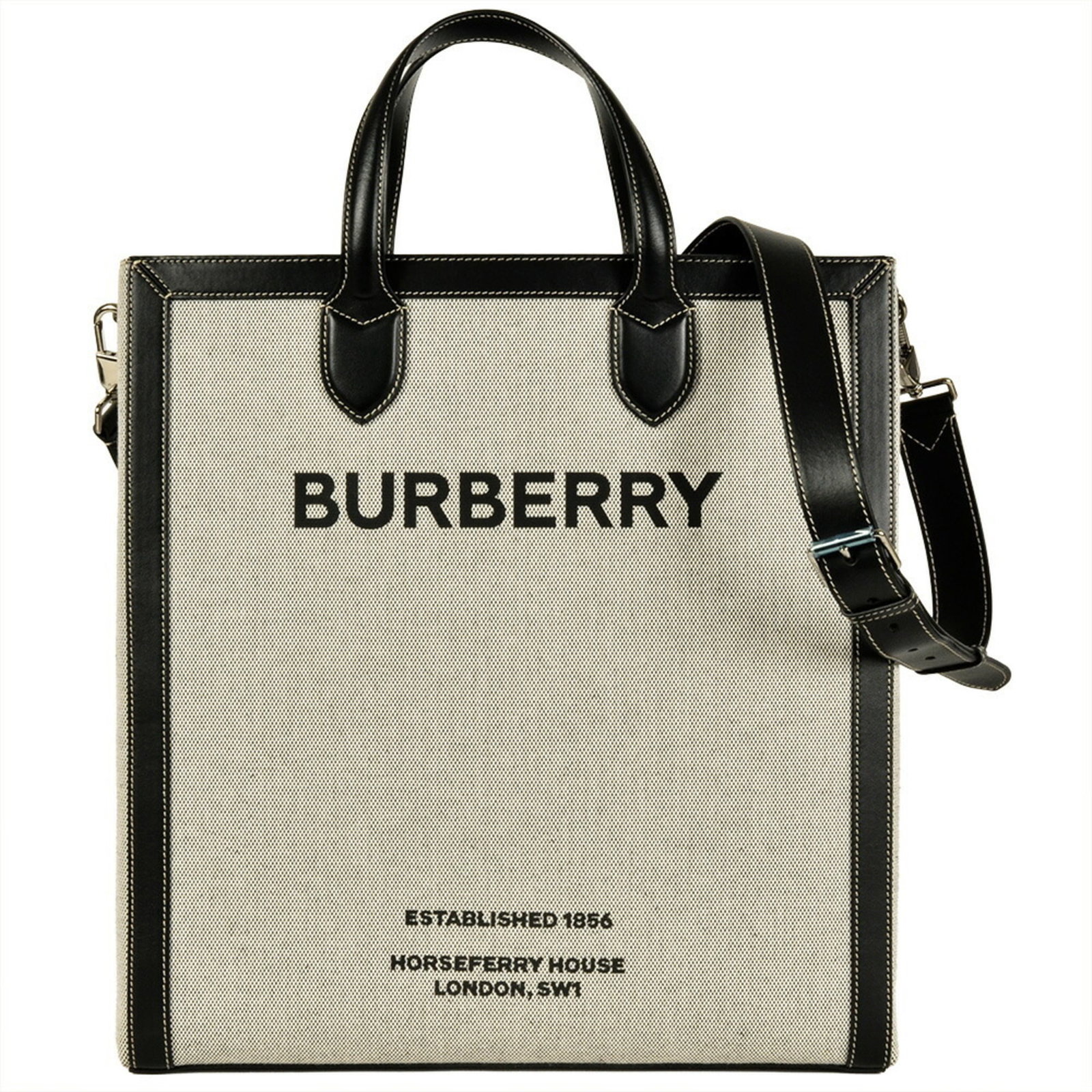 Canvas Burberry Bag Shoulder: Canvas Burberry Bag Shoulder Canvas Burberry Bag Shoulder in Black features a classic Horseferry print design, a sturdy canvas material, and a sleek silver zipper closure. The bag's spacious interior