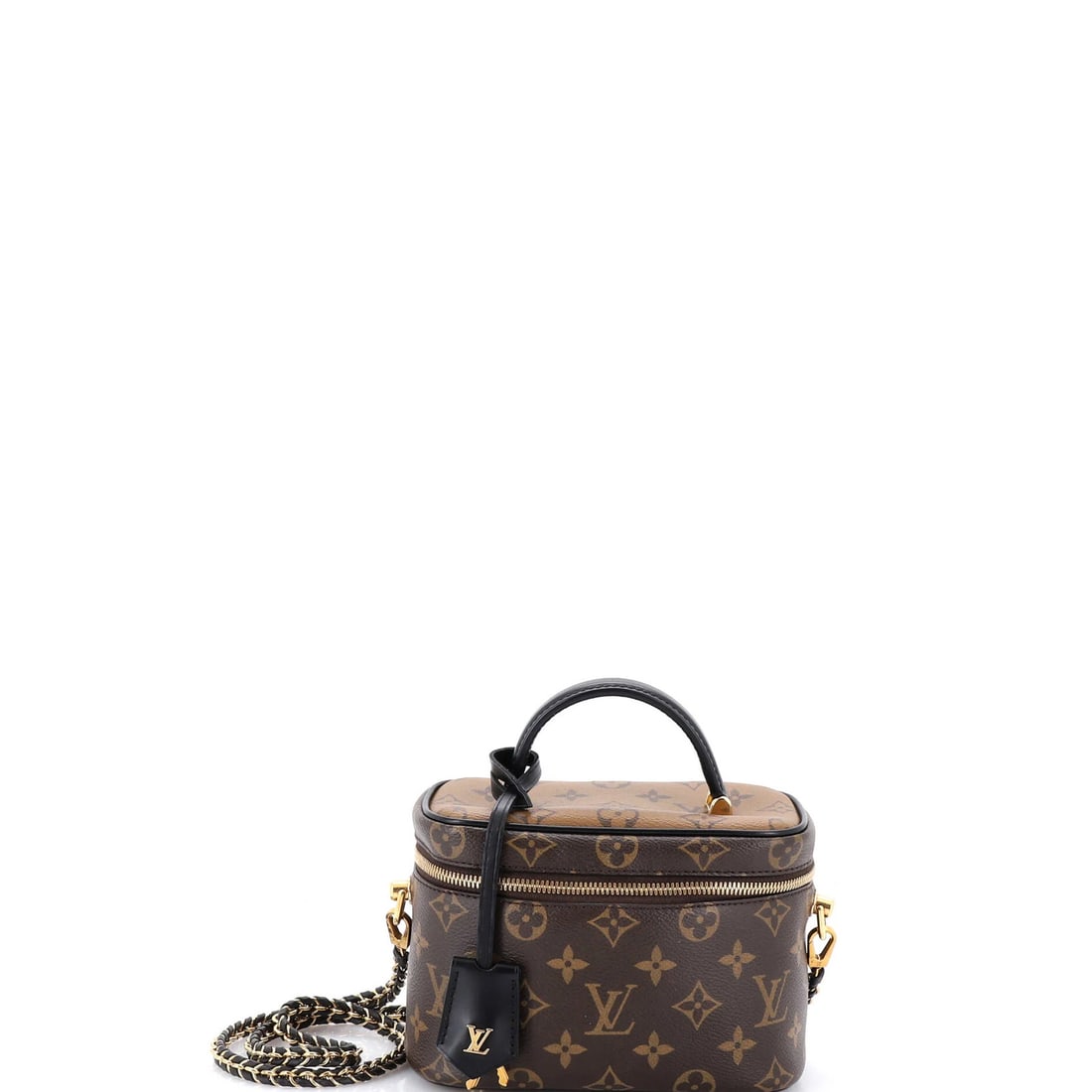 Vanity Handbag Canvas Monogram Reverse Louis Vuitton: Vanity Handbag Canvas Monogram Reverse Louis Vuitton Brown canvas exterior with gold hardware and a reverse monogram design. This Louis Vuitton Vanity Handbag features a top handle and a clochette loc
