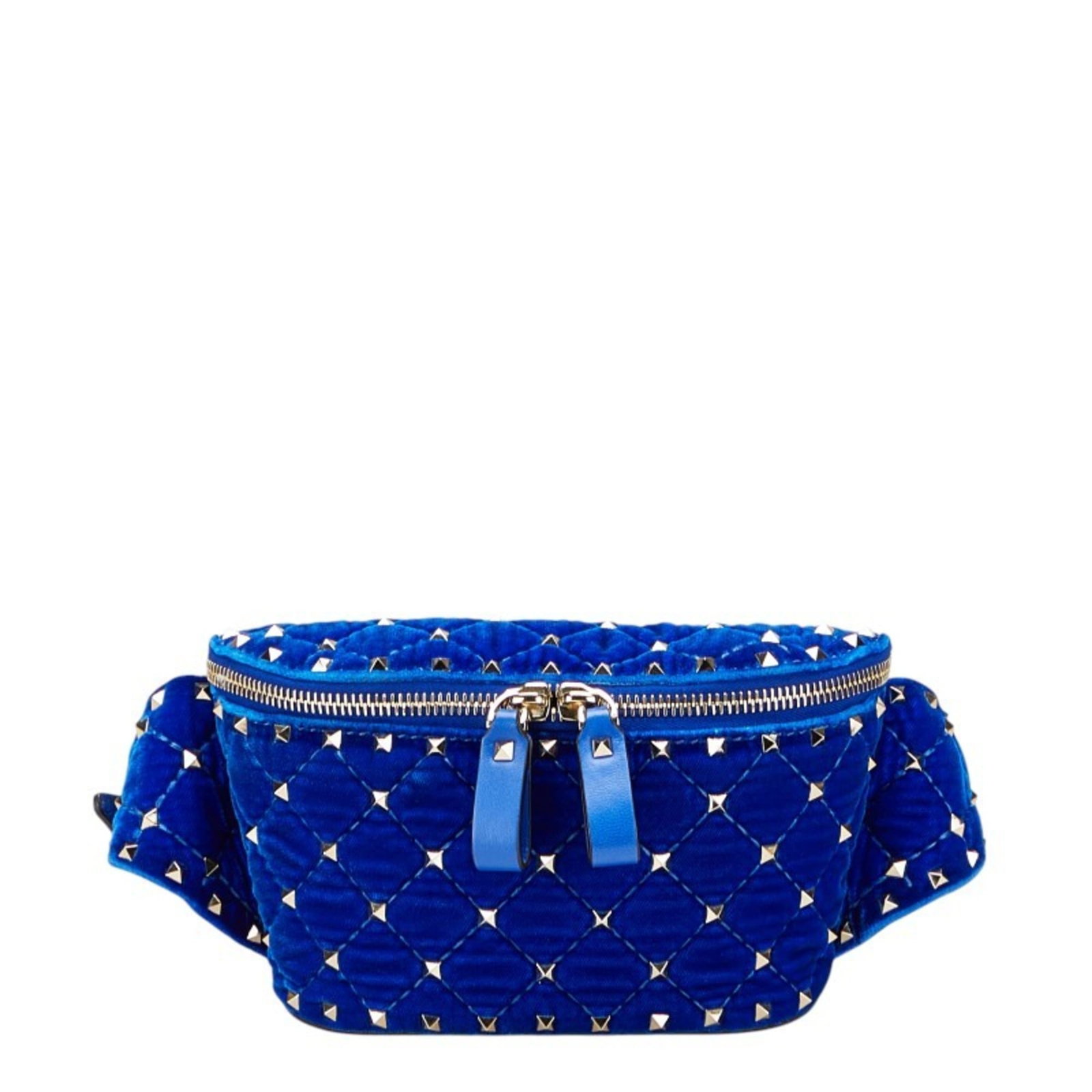 Fanny Pack Leather Valentino: Fanny Pack Leather Valentino Valentino's luxurious leather fanny pack boasts a stunning blue velour finish, measuring 12cm x 21cm x 5cm. The item comes with a dust bag for added protection, making it