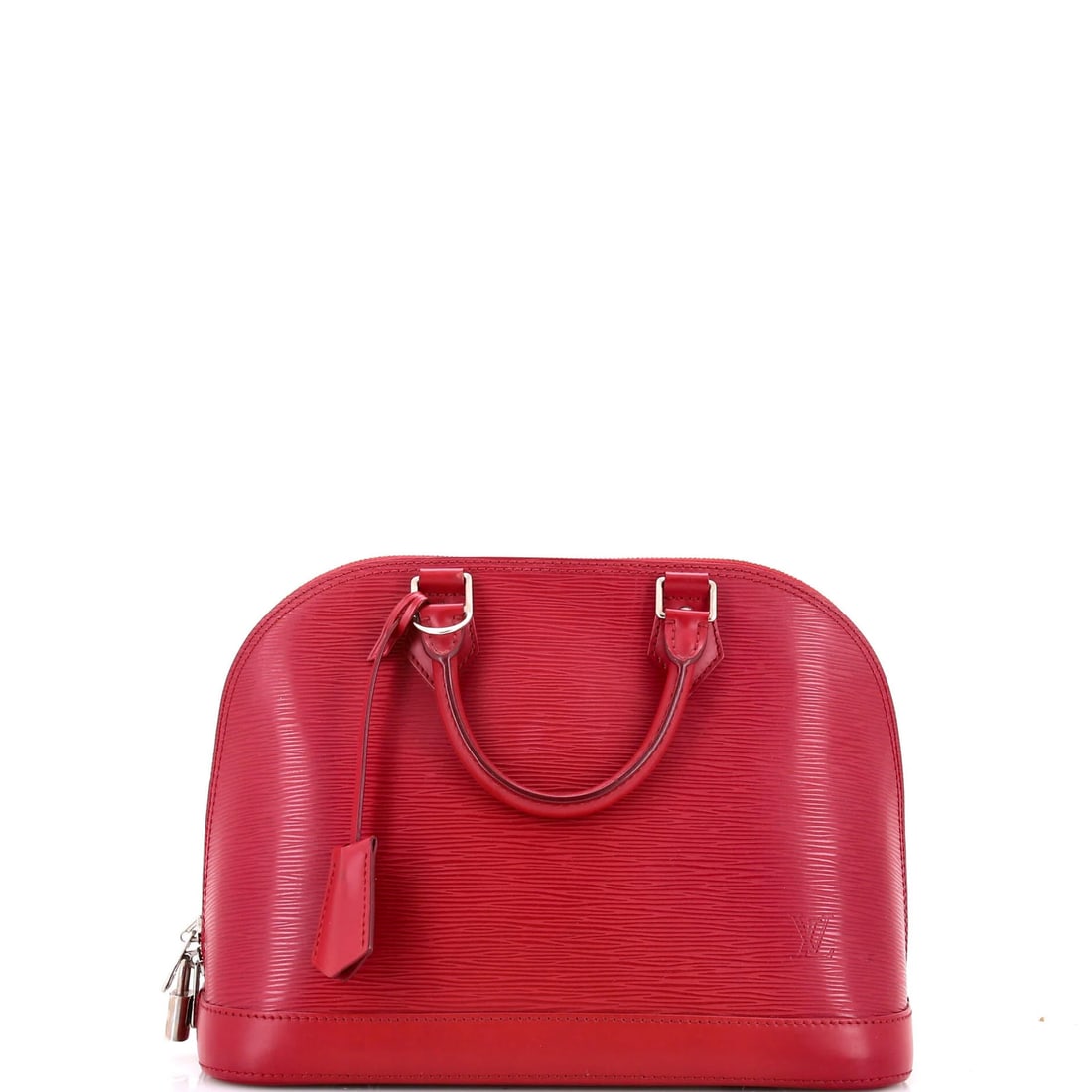 Vuitton Louis Alma Leather Epi Handbag: Vuitton Louis Alma Leather Epi Handbag Red Louis Vuitton Alma Leather Epi Handbag with silver hardware, featuring a classic top handle design and microfiber interior. The exterior leather shows minor