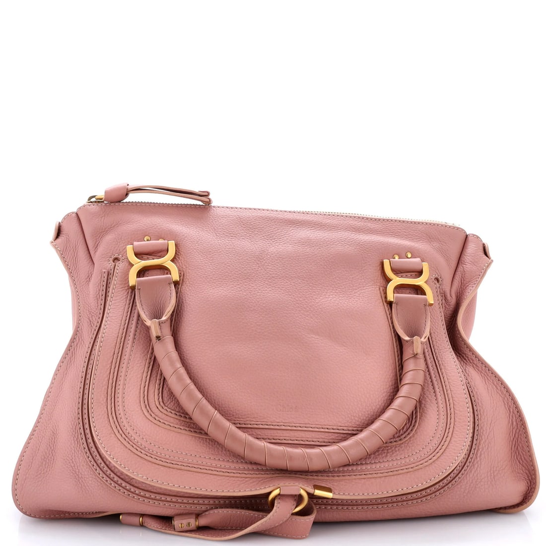 Large Leather Chloe Marcie Shoulder Bag: Large Leather Chloe Marcie Shoulder Bag Large Leather Chloe Marcie Shoulder Bag in Pink. This iconic shoulder bag features a striking pink exterior with gold hardware, measuring 13" tall and 16" wide.
