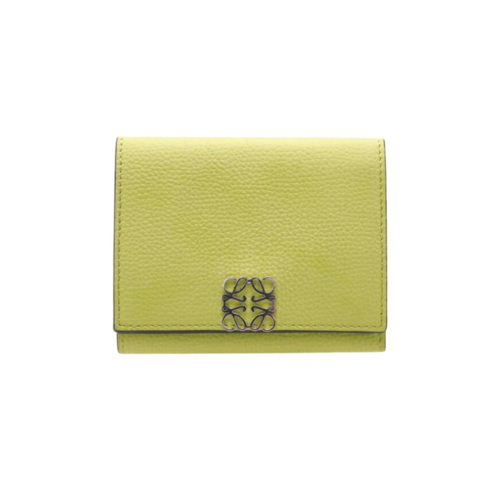 Loewe Wallet (Tri-Fold) Leather: Loewe Wallet (Tri-Fold) Leather Tri-fold leather wallet from Loewe, featuring a unique green color and compact design. Weighing 105g, this wallet measures 8.5cm x 10.5cm x 3cm. Its classic tri-fold st