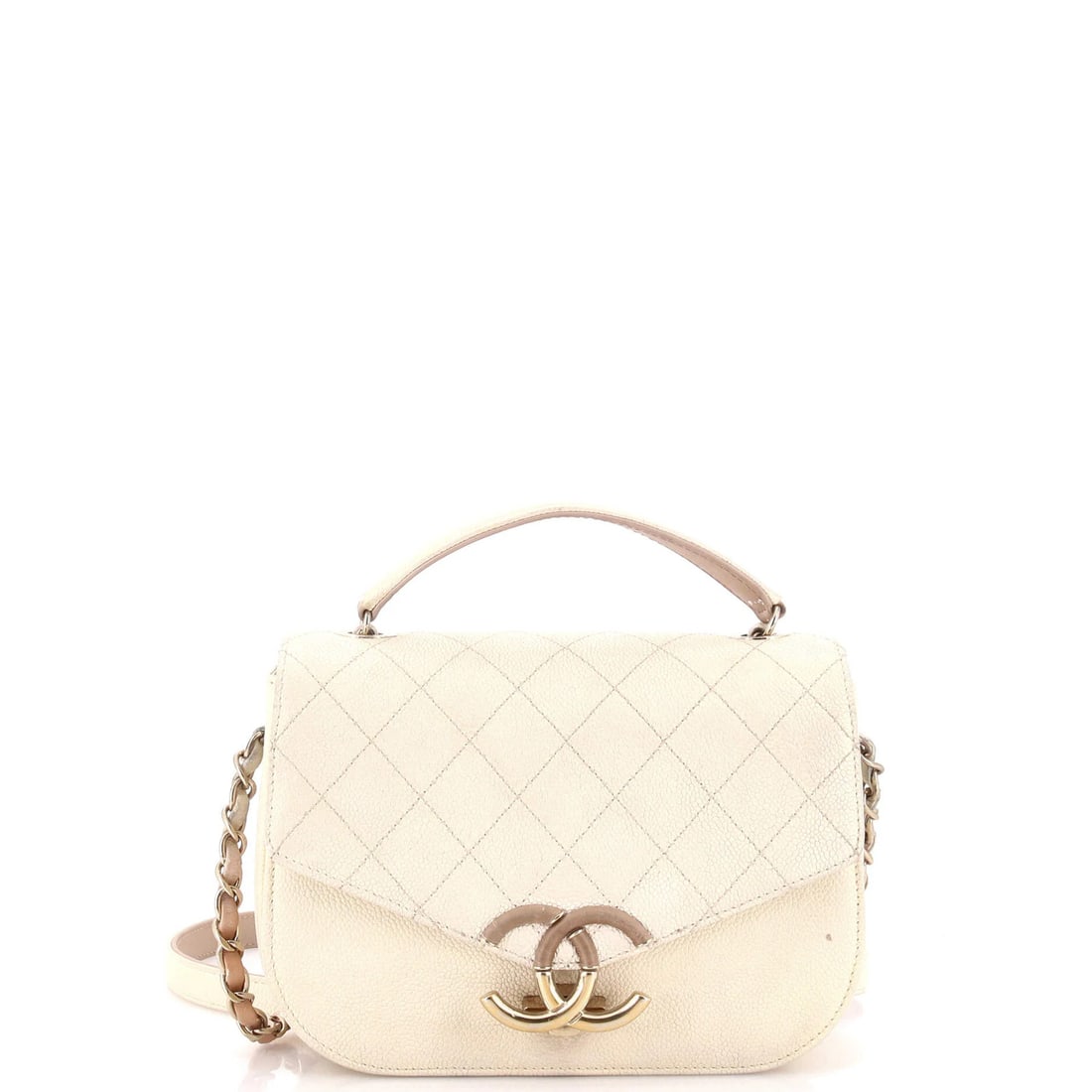Quilted Chanel Caviar Bag Flap Small Thread Around: Quilted Chanel Caviar Bag Flap Small Thread Around Small Quilted Chanel Caviar Bag with Thread Around Flap, White Leather Exterior, Neutral Interior, and Gold Hardware. This small shoulder bag feature