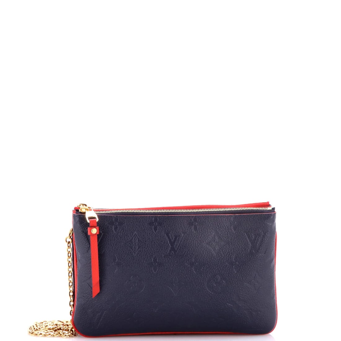 Vuitton Empreinte Leather Monogram Pochette Double Zip: Vuitton Empreinte Leather Monogram Pochette Double Zip Blue Louis Vuitton Empreinte Leather Monogram Pochette Double Zip with 22" Strap, featuring a classic design with a double zip closure and minor