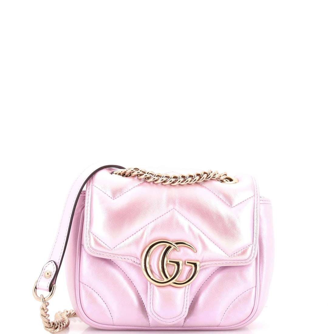 Chevron Iridescent Leather Mini Flap Bag Marmont Square Gucci GG: Chevron Iridescent Leather Mini Flap Bag Marmont Square Gucci GG Pink Iridescent Leather Mini Flap Bag with Chevron Details. This Gucci GG Marmont Square Flap Bag features a striking pink exterior wit